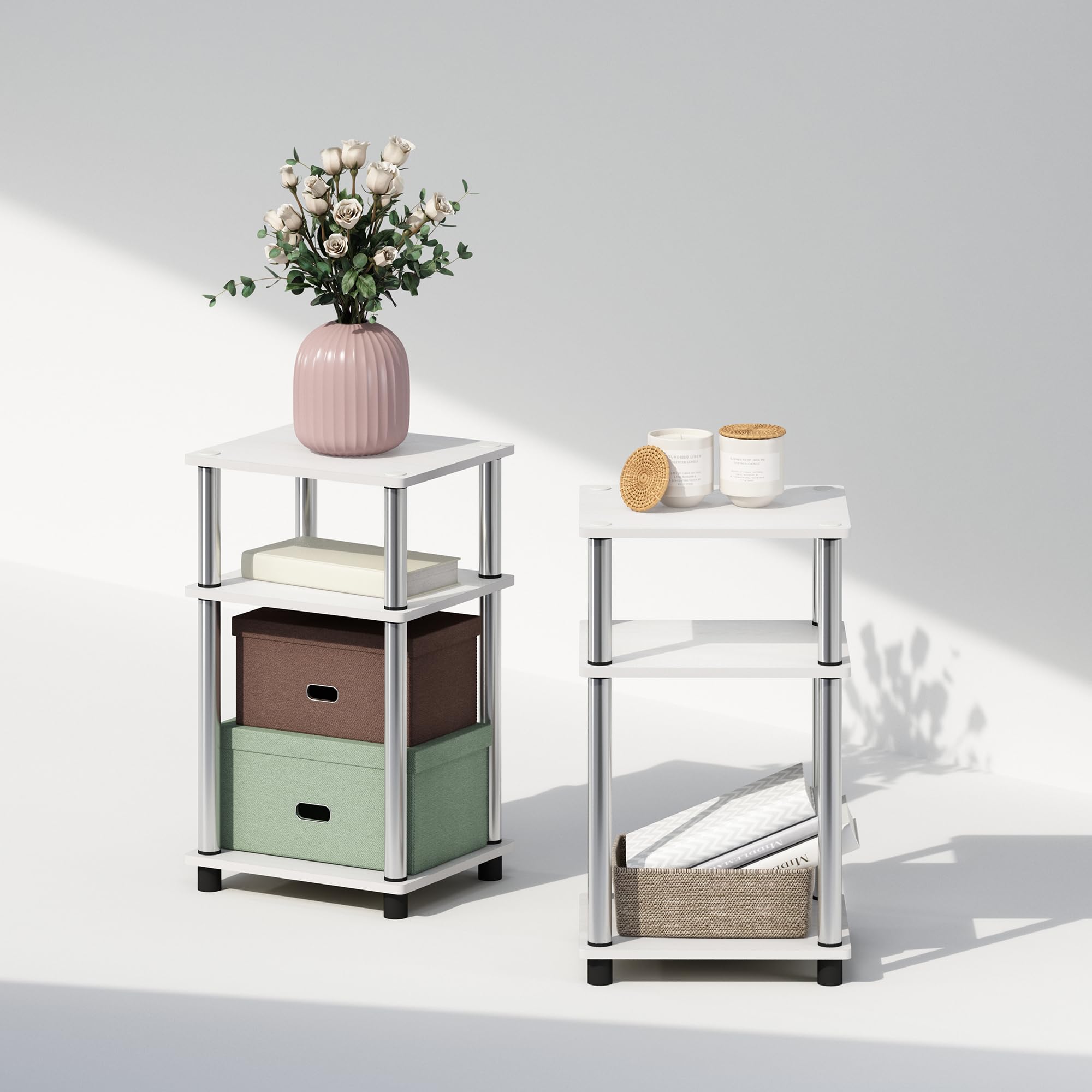 Furinno Just 3-Tier Turn-N-Tube Open Storage Nightstand, 2-Pack, Plastic Poles, White Oak/Stainless Steel