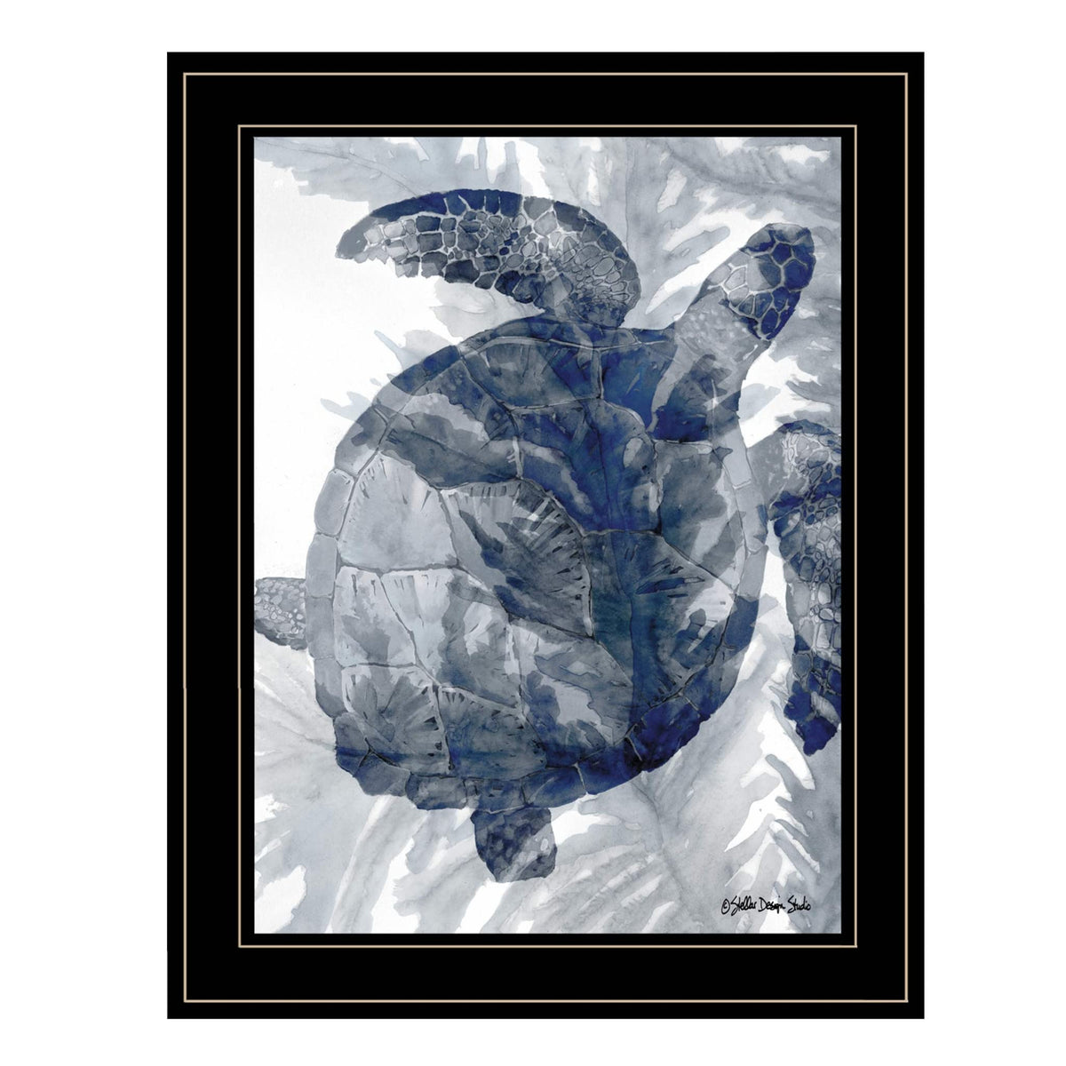 Turtle in Sea Grass Black Framed Print Wall Art