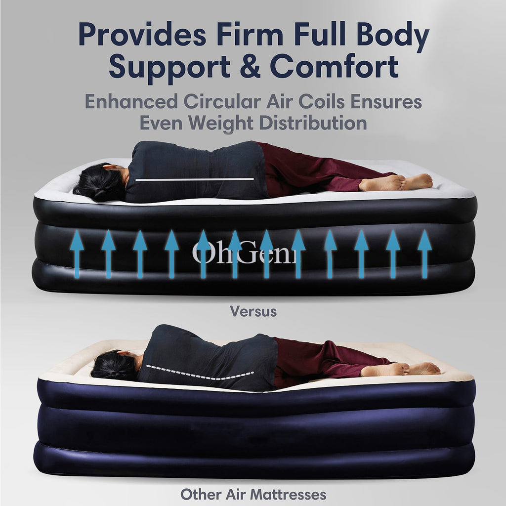 OhGeni Queen Air Mattress with Built-in Pump, 18" Raised Comfort Inflatable Bed, Black, AMH5V143