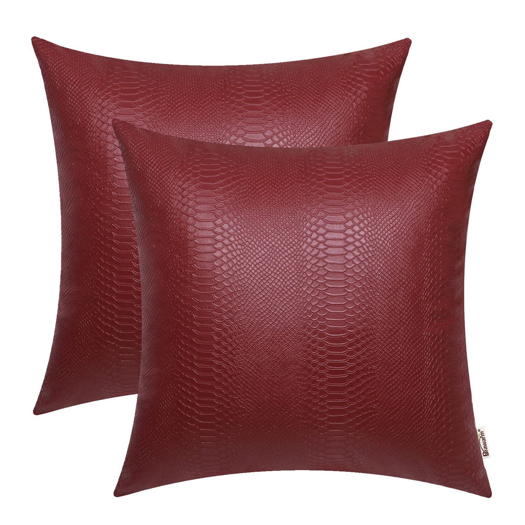 BRAWARM Deep Red Leather Throw Pillows 16 X 16 Inches, Snake Leather Pillow Covers Pack of 2, Faux Leather Decorative Pillow Cov