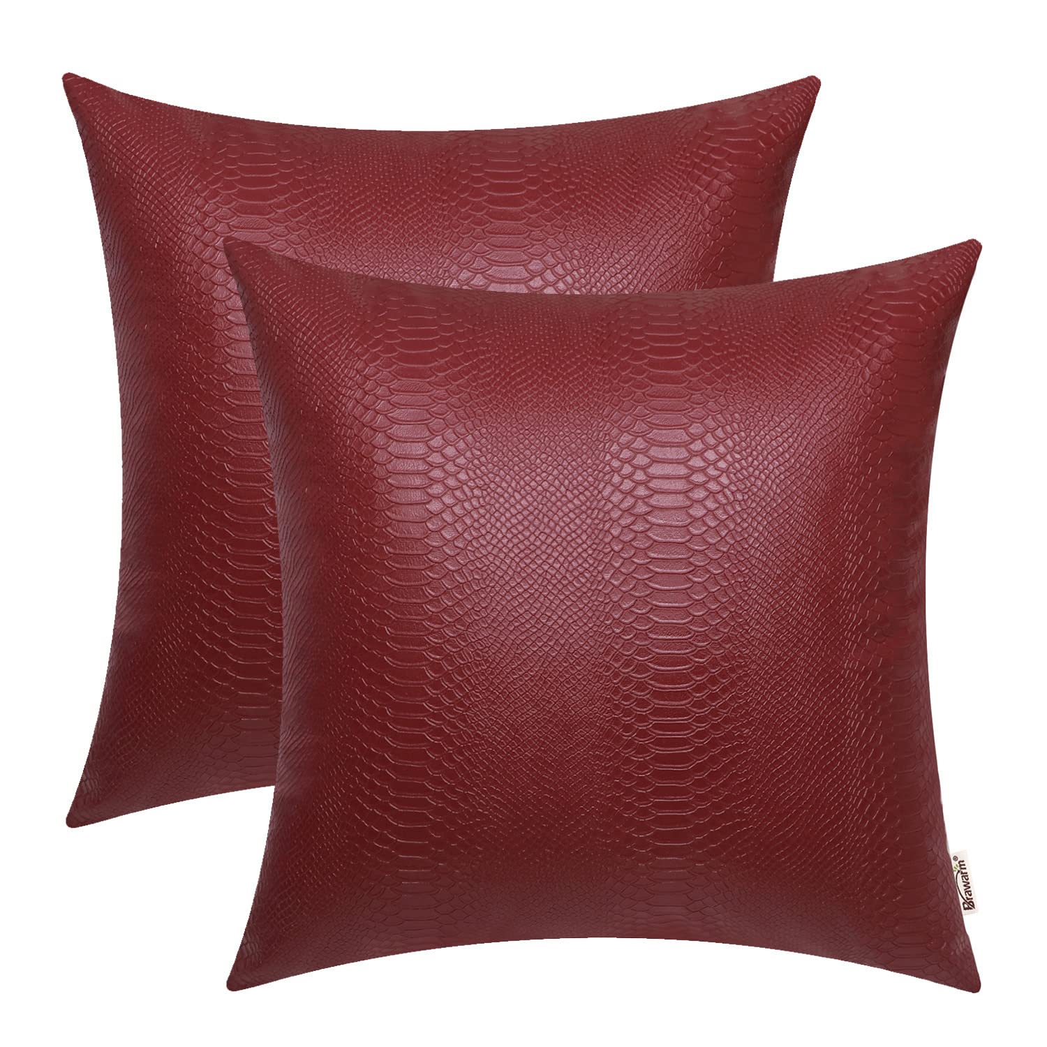 BRAWARM Deep Red Leather Throw Pillows 16 X 16 Inches, Snake Leather Pillow Covers Pack of 2, Faux Leather Decorative Pillow Cov