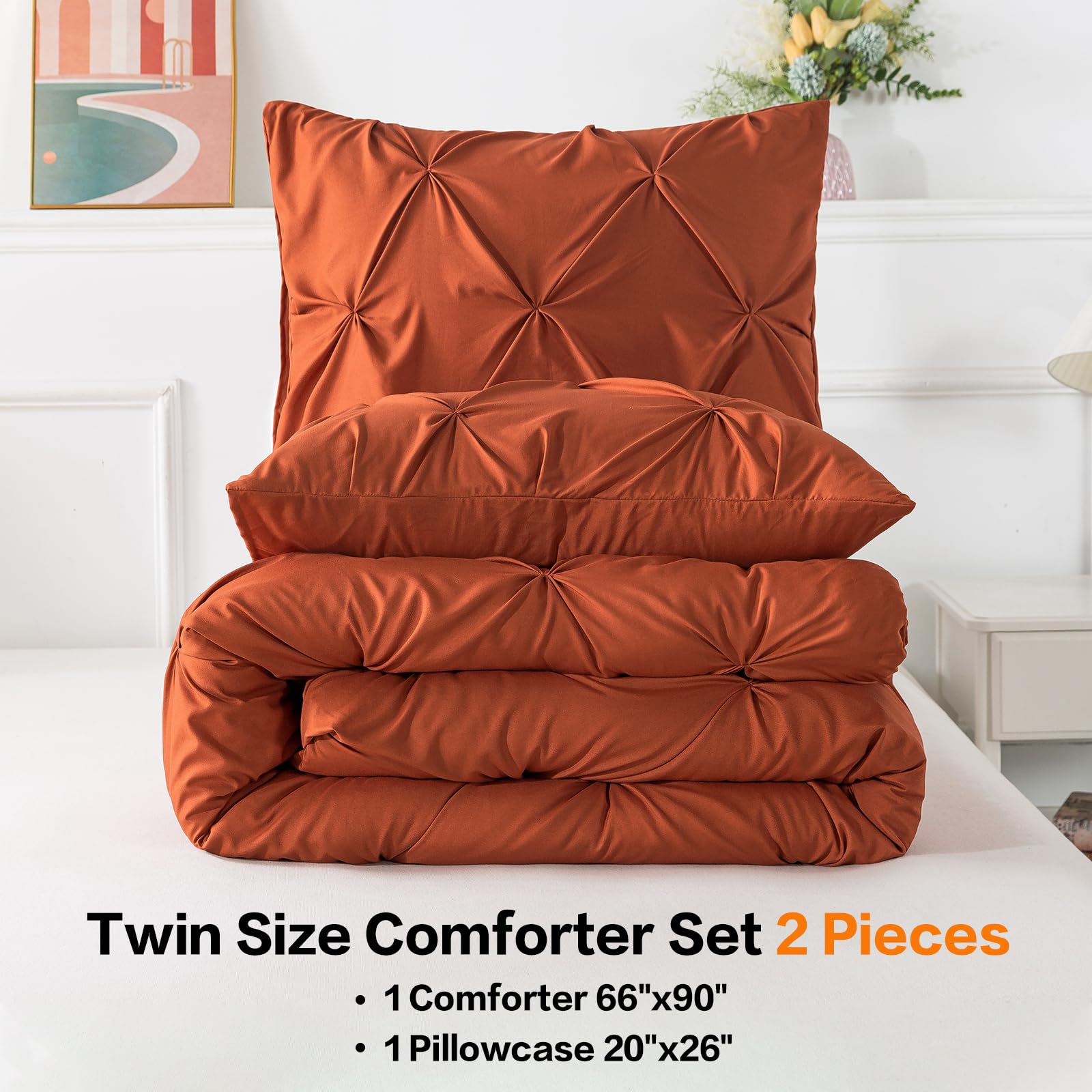 Andency Burnt Orange Pinch Pleat Comforter Twin(66X90Inch), 2 Pieces(1 Pintuck Comforter, 1 Pillowcase) Microfiber Pintuck Comforter Set Down Alternative Comforter Bedding Set