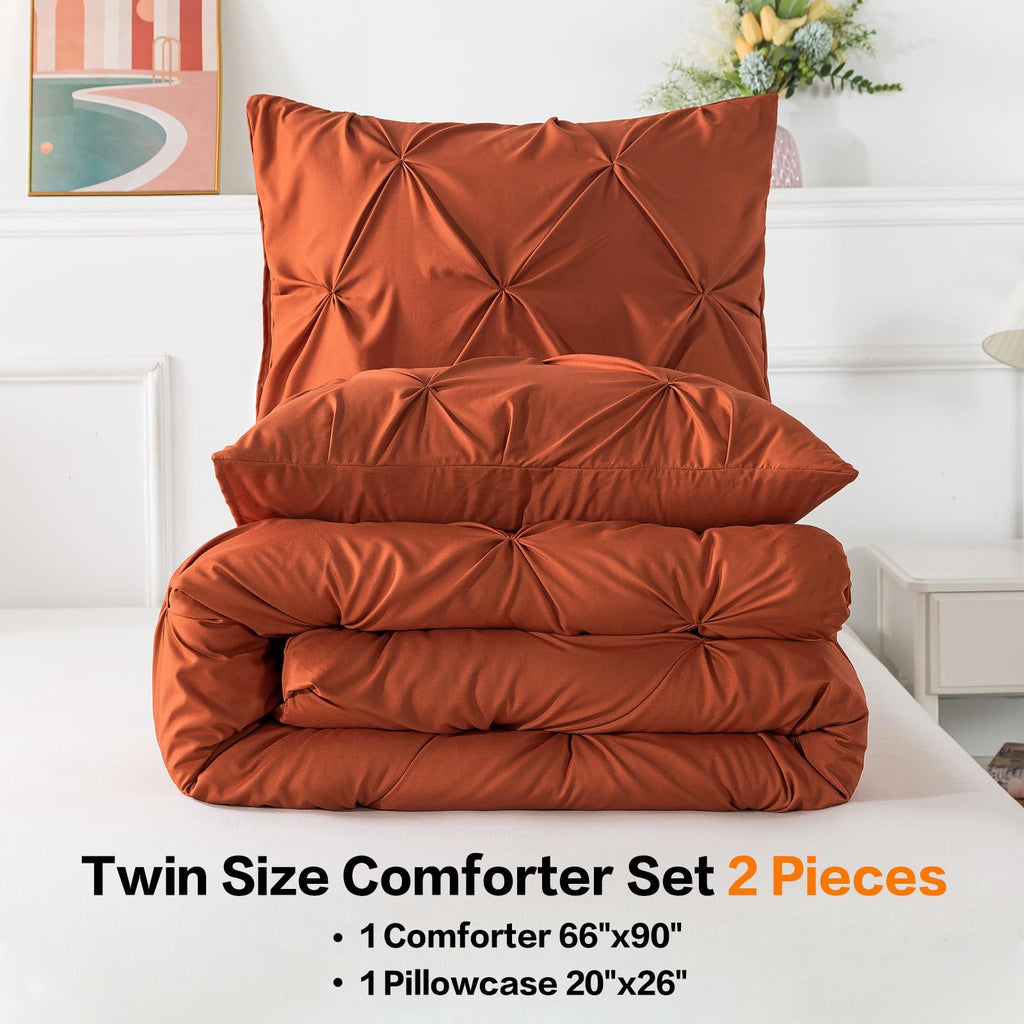 Andency Burnt Orange Pinch Pleat Comforter Twin(66X90Inch), 2 Pieces(1 Pintuck Comforter, 1 Pillowcase) Microfiber Pintuck Comforter Set Down Alternative Comforter Bedding Set