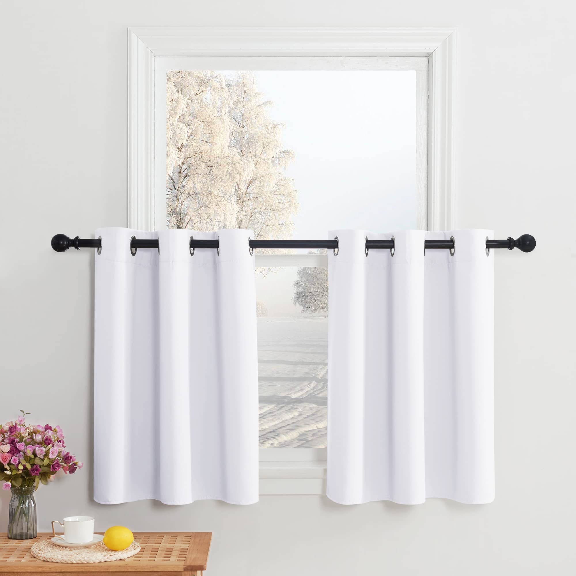 Nicetown Half Window Tiers Curtain For Kitchen, 50% Blackout Small Curtains Grommet-Top Window Treatment Drapes For Office/Classroom/Bathroom/Thanksgiving, 2 Panels, 42W By 30L, Pure White