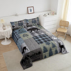 Hunting Deer Bear Comforter Sets Queen Size,Rustic Farmhouse Bedding 3Pcs Kids Teens Men Cabin Home Decor Decor,Grey Plaid Patchwork Print Quilt Set Wild Animals Plants Duvet Insert,2 Pillowcases
