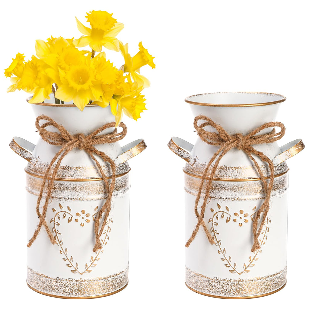 Hacaroa 2 Pack Metal Milk Can Rustic Galvanized Vase, 7.5 Inch Shabby Chic Can Jug with Handle, Primitive Decorative Flower Vase