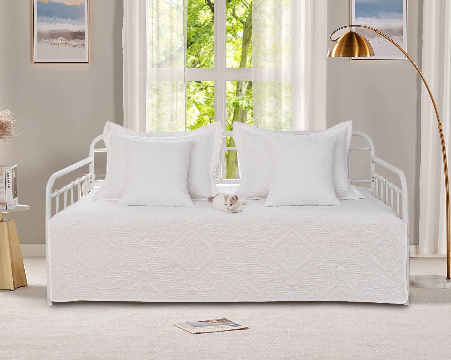 5-Piece Daybed Cover Set White,Twin Cozy Daybed Bedding Sets For All Season Double Sided-Quilting Daybed Comforter Bedspread, Ge