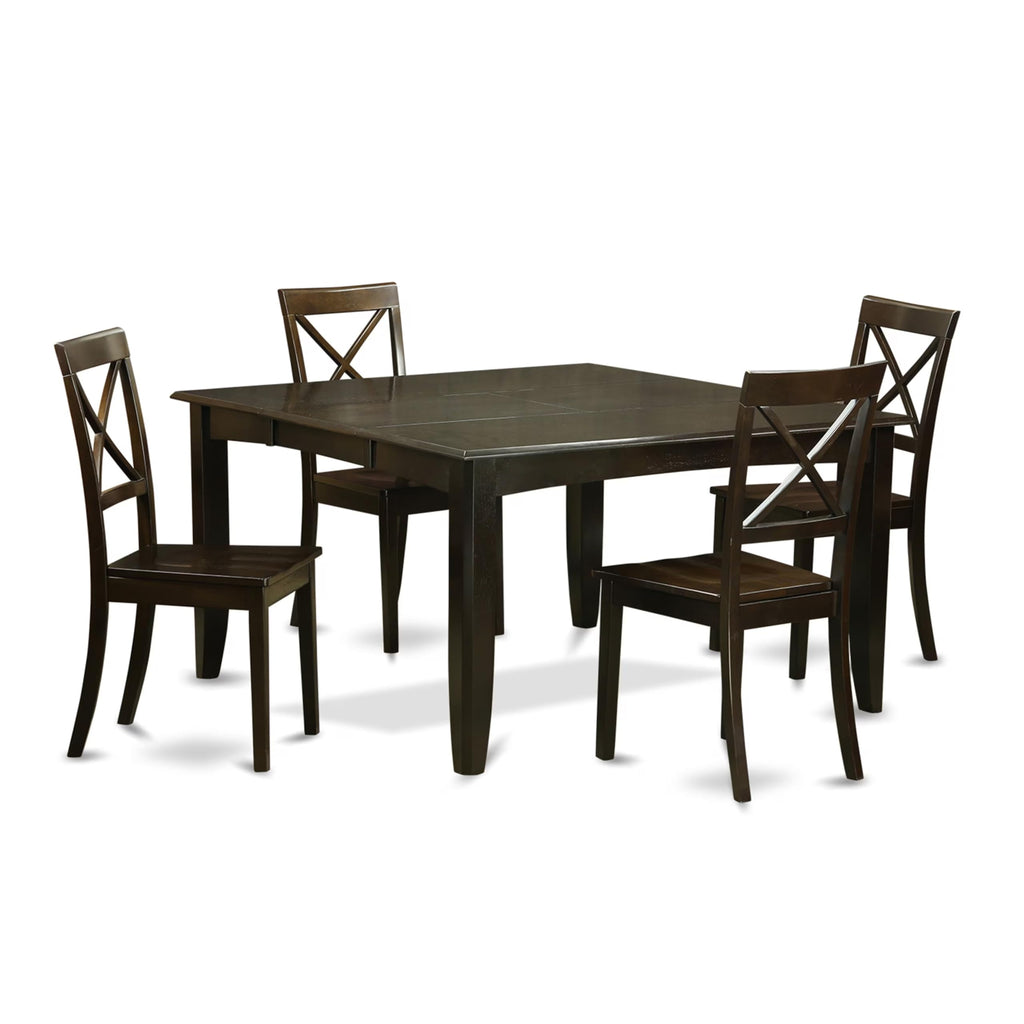 East West Furniture PFBO5-CAP-W 5 Piece Dining Room Furniture Set Includes a Square Kitchen Table with Butterfly Leaf and 4 Dining Chairs, 54x54 Inch, Cappuccino