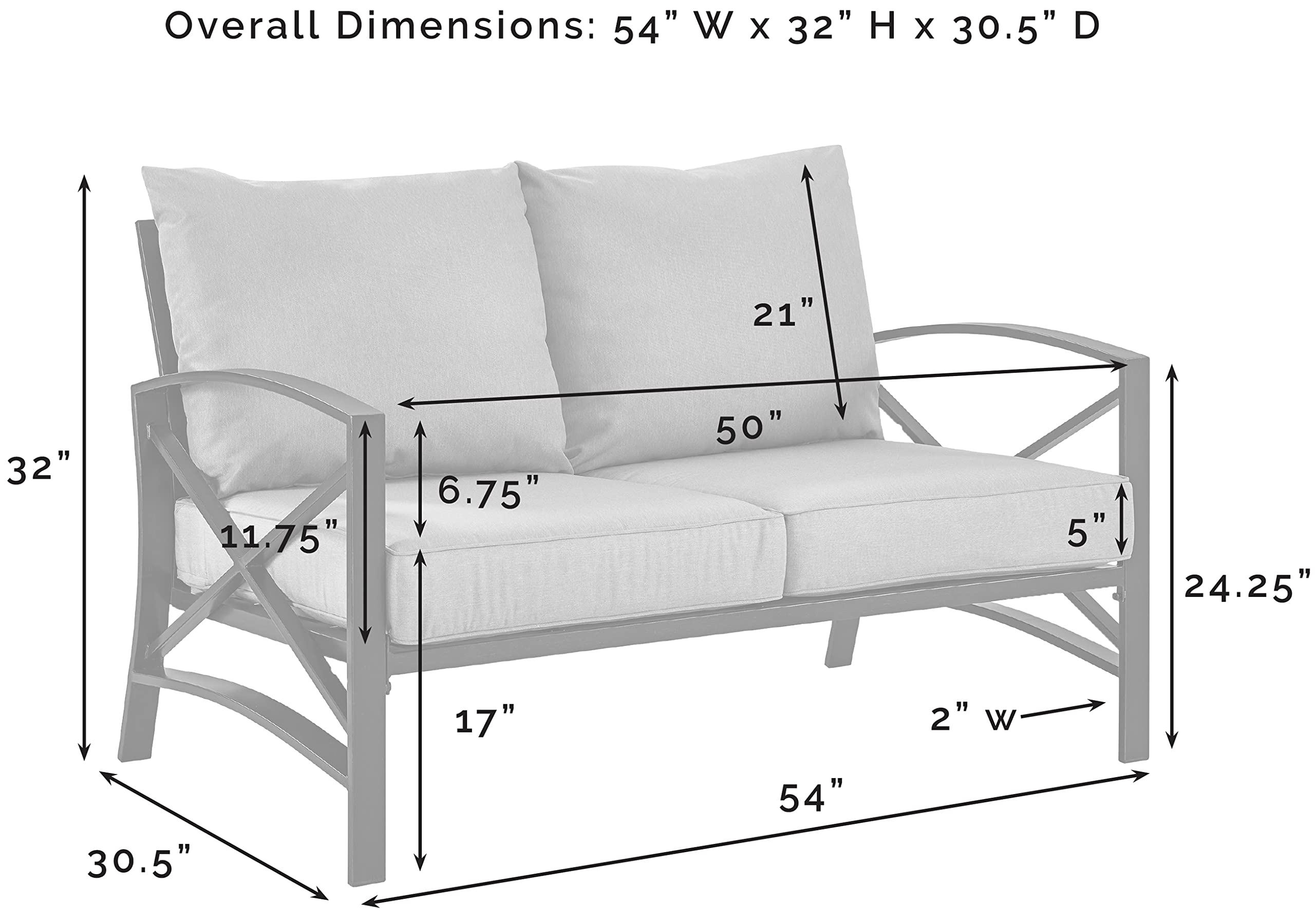 Crosley Furniture Kaplan Outdoor Loveseat, 2-Person Patio Couch for Porch, Deck, Backyard, Balcony, White with Gray Cushions