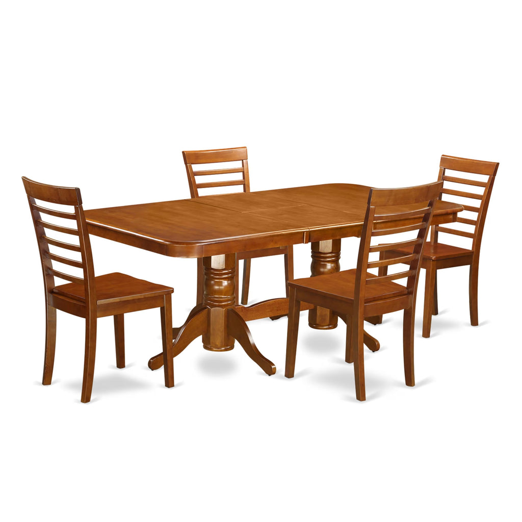 East West Furniture NAML5-SBR-W 5 Piece Modern Dining Table Set Includes a Rectangle Wooden Table with Butterfly Leaf and 4 Kitchen Dining Chairs, 40x78 Inch, Saddle Brown