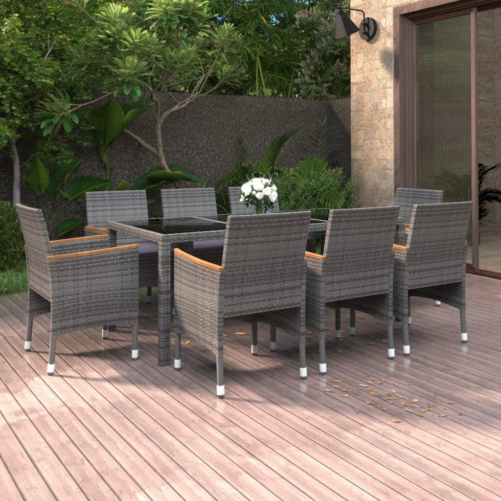 vidaXL Patio Dining Set 9 Piece Garden Outdoor Lawn Yard Terrace Balcony Backyard Table and Chair Seat Seating Furniture Poly Rattan Gray