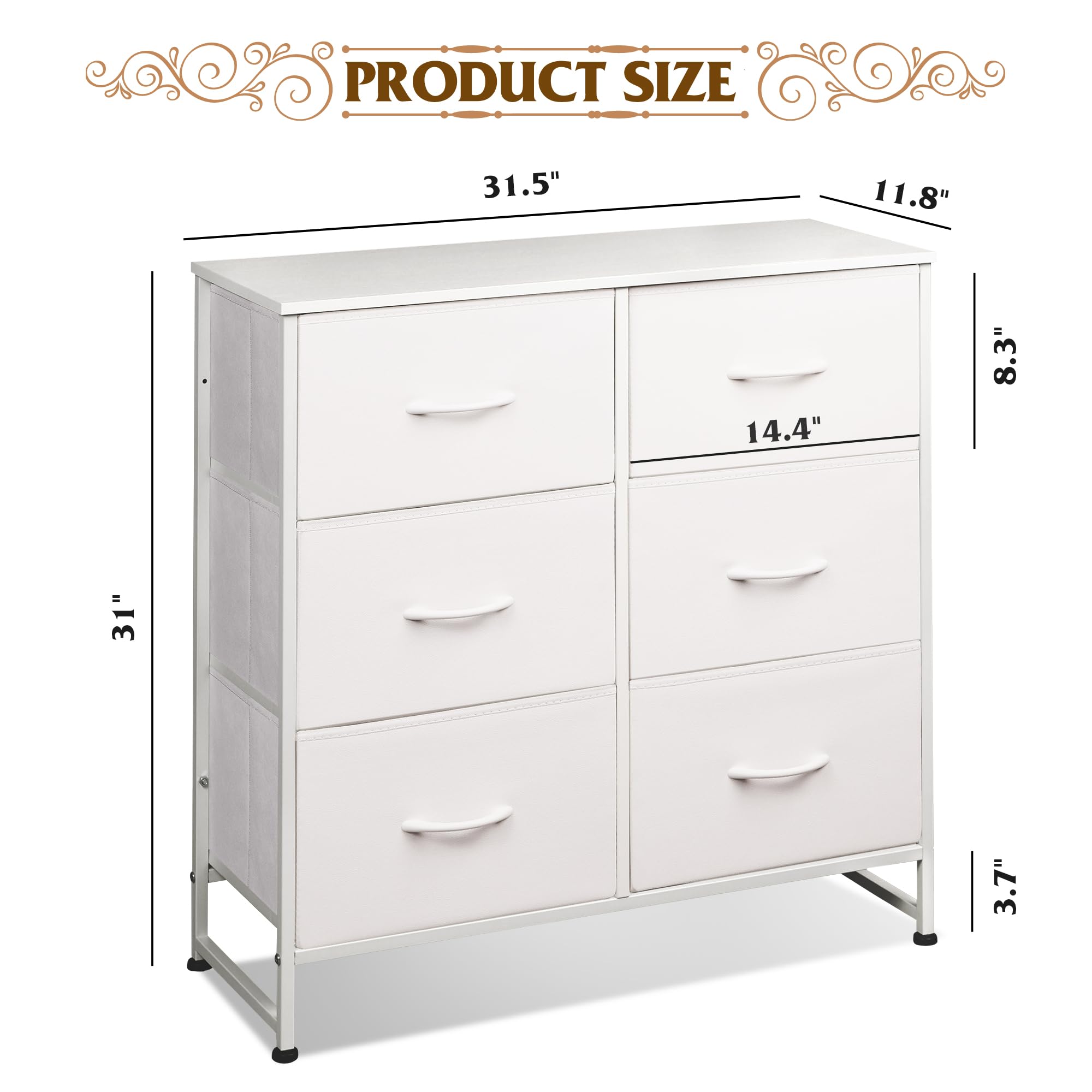 Wlive White Dresser For Bedroom, 6 Drawer Double Dresser, Fabric Storage Tower With Fabric Bins, Chest Of Drawers For Closet, Living Room, Hallway