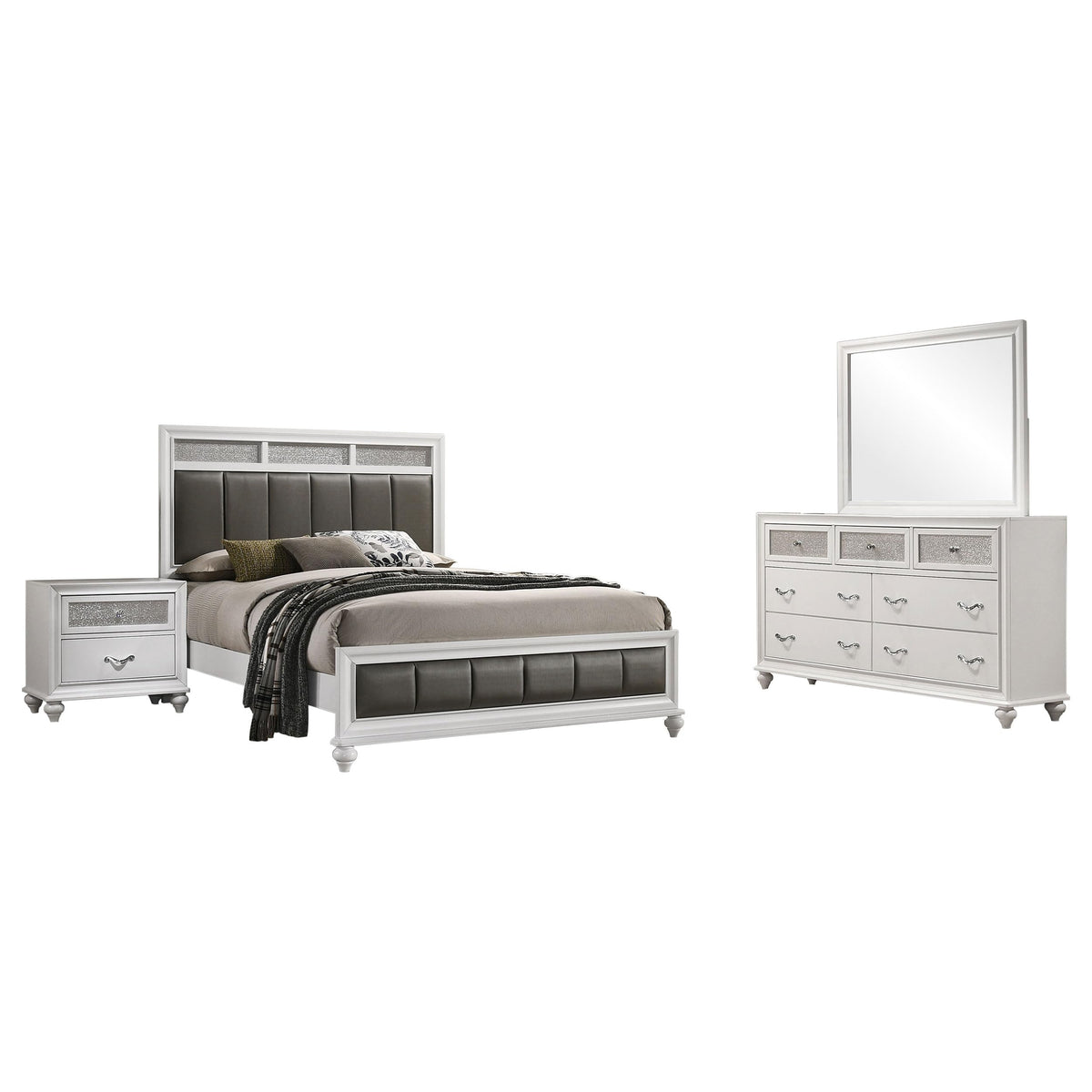 Coaster Home Furnishings Barzini Modern Classic 4-Piece Bedroom Set Leatherette Upholstered Queen Size Panel Bed Frame 56-inch Headboard White 205891Q-S4