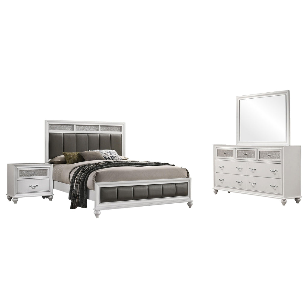Coaster Home Furnishings Barzini Modern Classic 4-Piece Bedroom Set Leatherette Upholstered Eastern King Size Panel Bed Frame 56-inch Headboard White 205891KE-S4