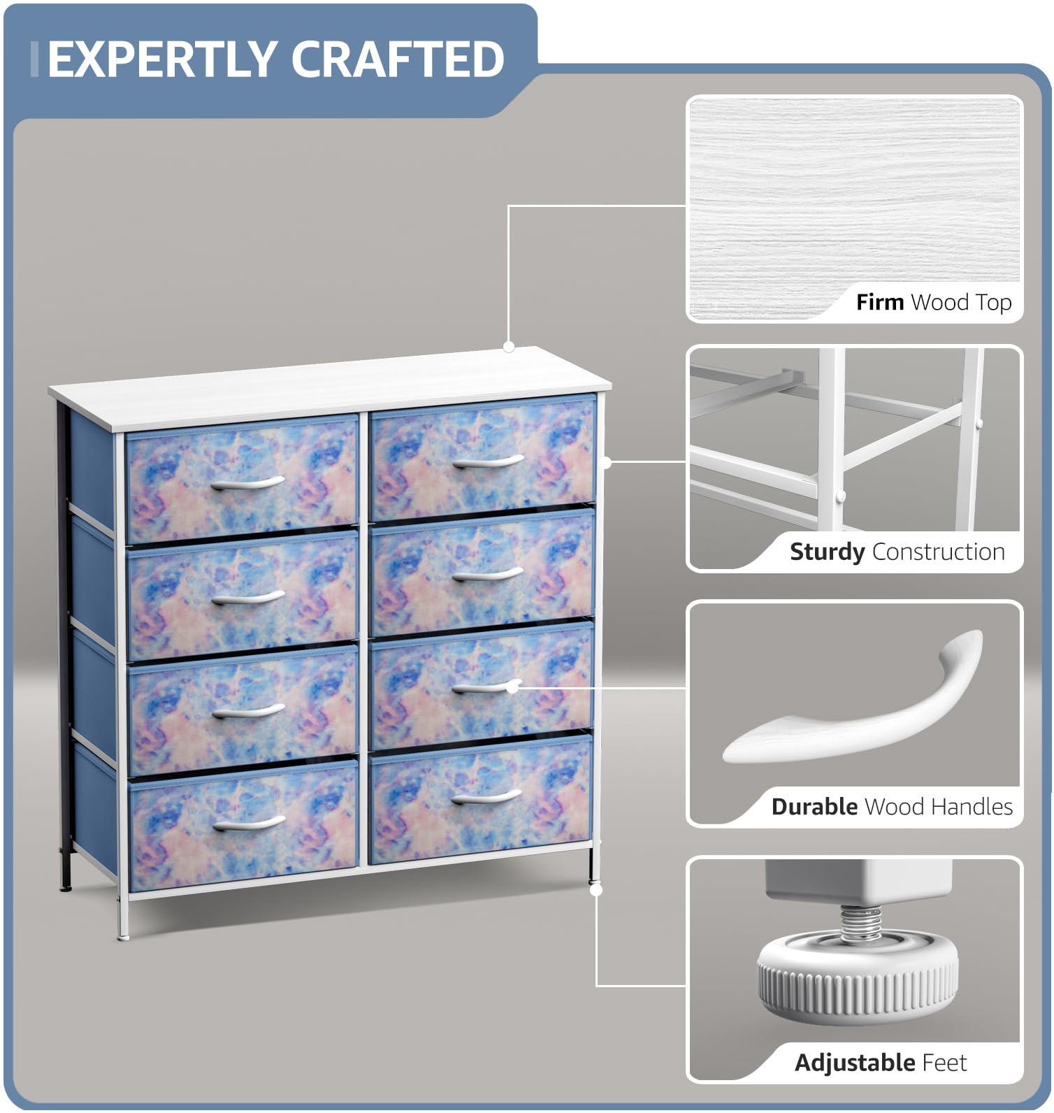 Sorbus Dresser With 8 Drawers - Furniture Storage Chest Tower Unit For Bedroom, Hallway, Closet, Office Organization - Steel Frame, Wood Top, Easy Pull Fabric Bins (8-Drawer, Blue)