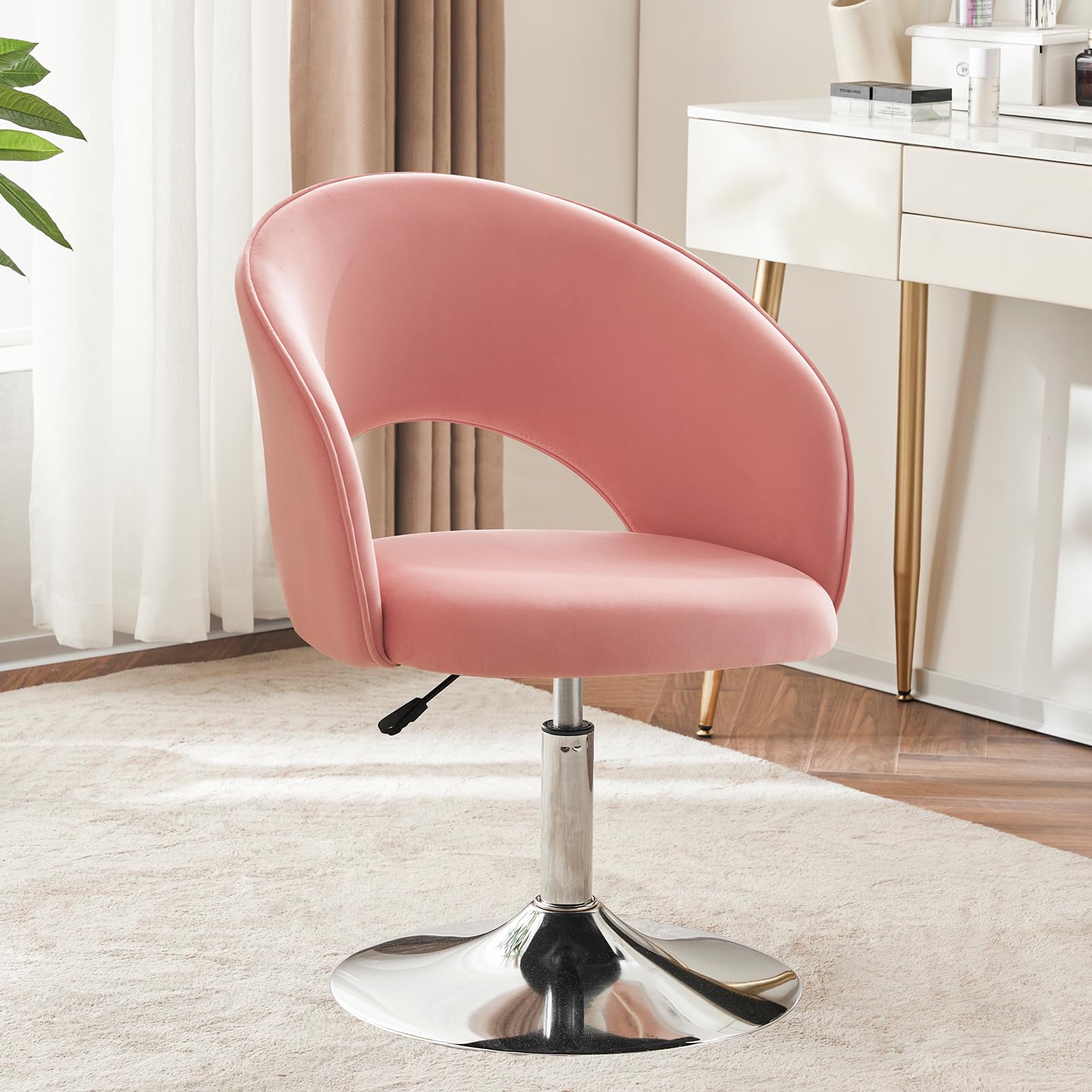 Furnimart Pink Velvet Vanity Chair Vanity Stool with Back, Height Adjustable Swivel Accent Chair with Backrest, Round Makeup Cha