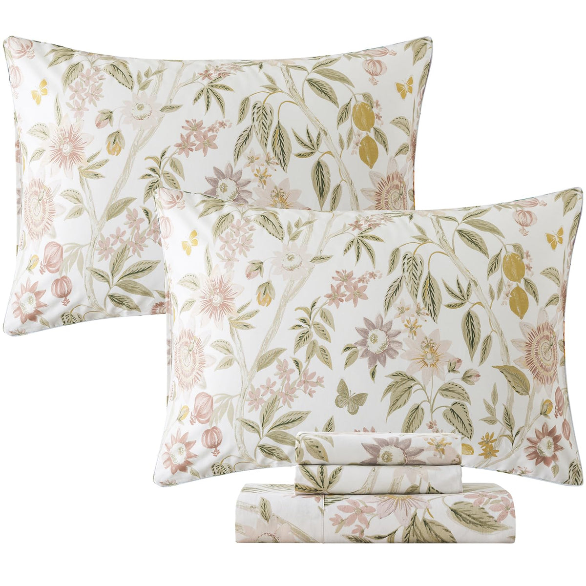 Fadfay Queen Size Sheets 100% Cotton Botanical Floral Bed Sheet Leaves Sunflower Printed Farmhouse Bedding Lemon Butterfly Patte