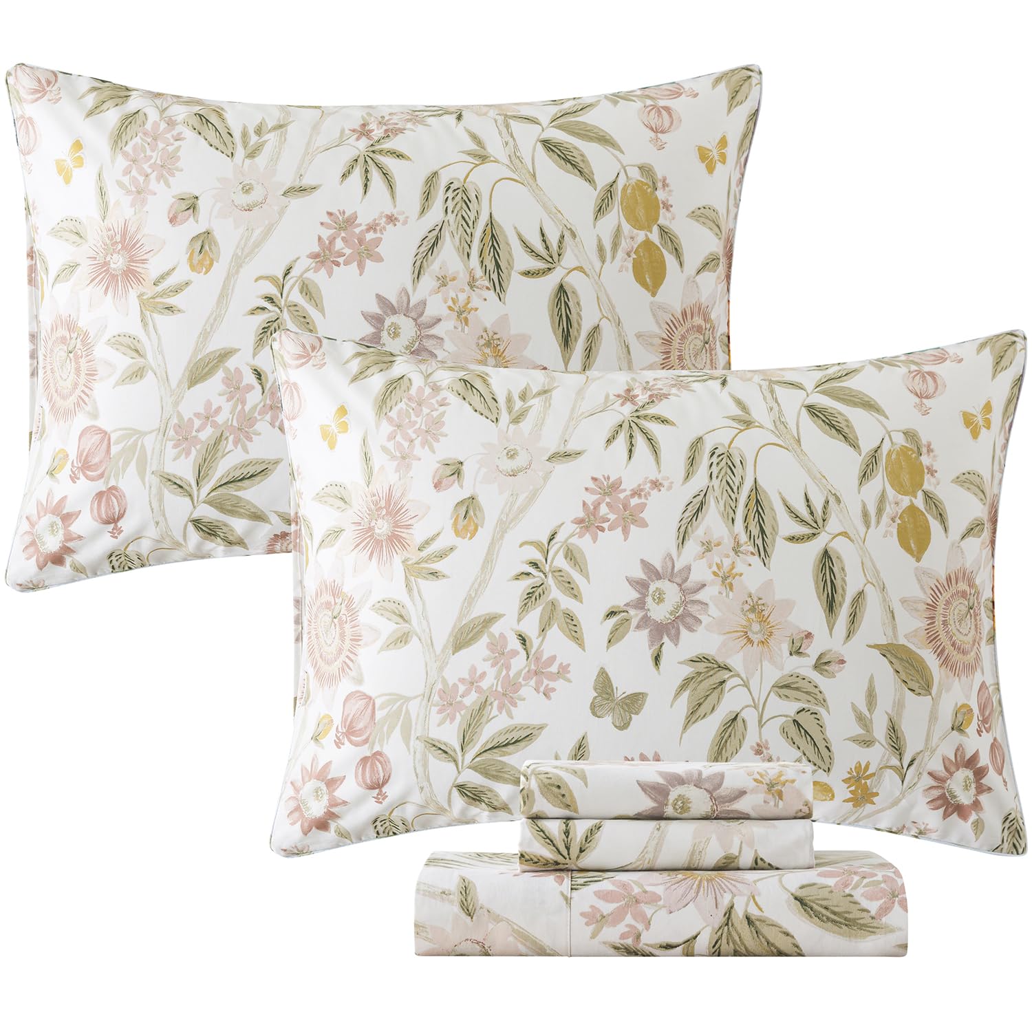 Fadfay Queen Size Sheets 100% Cotton Botanical Floral Bed Sheet Leaves Sunflower Printed Farmhouse Bedding Lemon Butterfly Patte