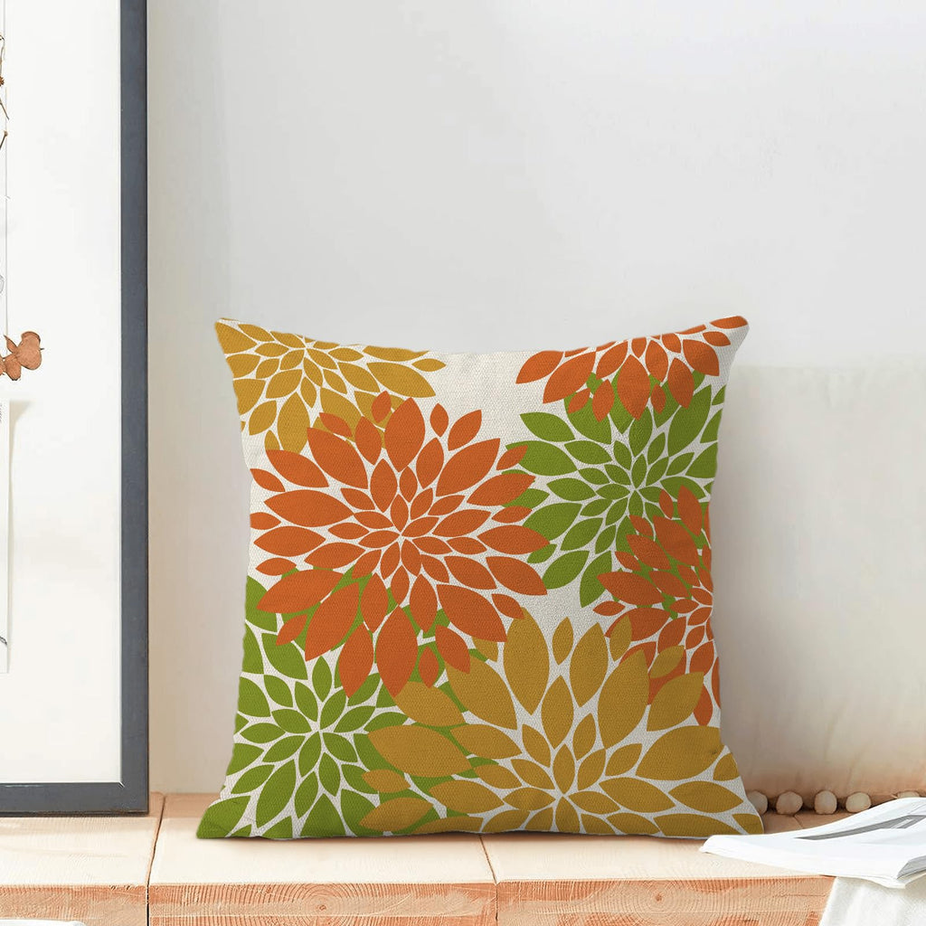 Fall Burnt Orange Outdoor Pillow Covers 18X18 Inch Set Of 2 Mustard Yellow Green Dahlia Floral Decor Throw Pillows Modern Geomet