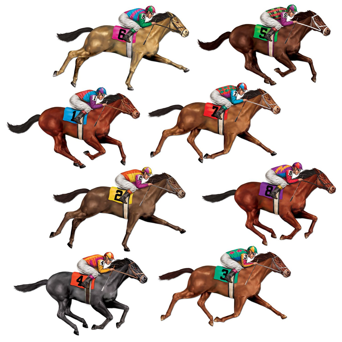 Beistle Racehorse Themed Photo Props, 8 Pieces, 29' - Printed Plastic Cut Out Horse Racing Wall Decorations, Jockey Backdrops