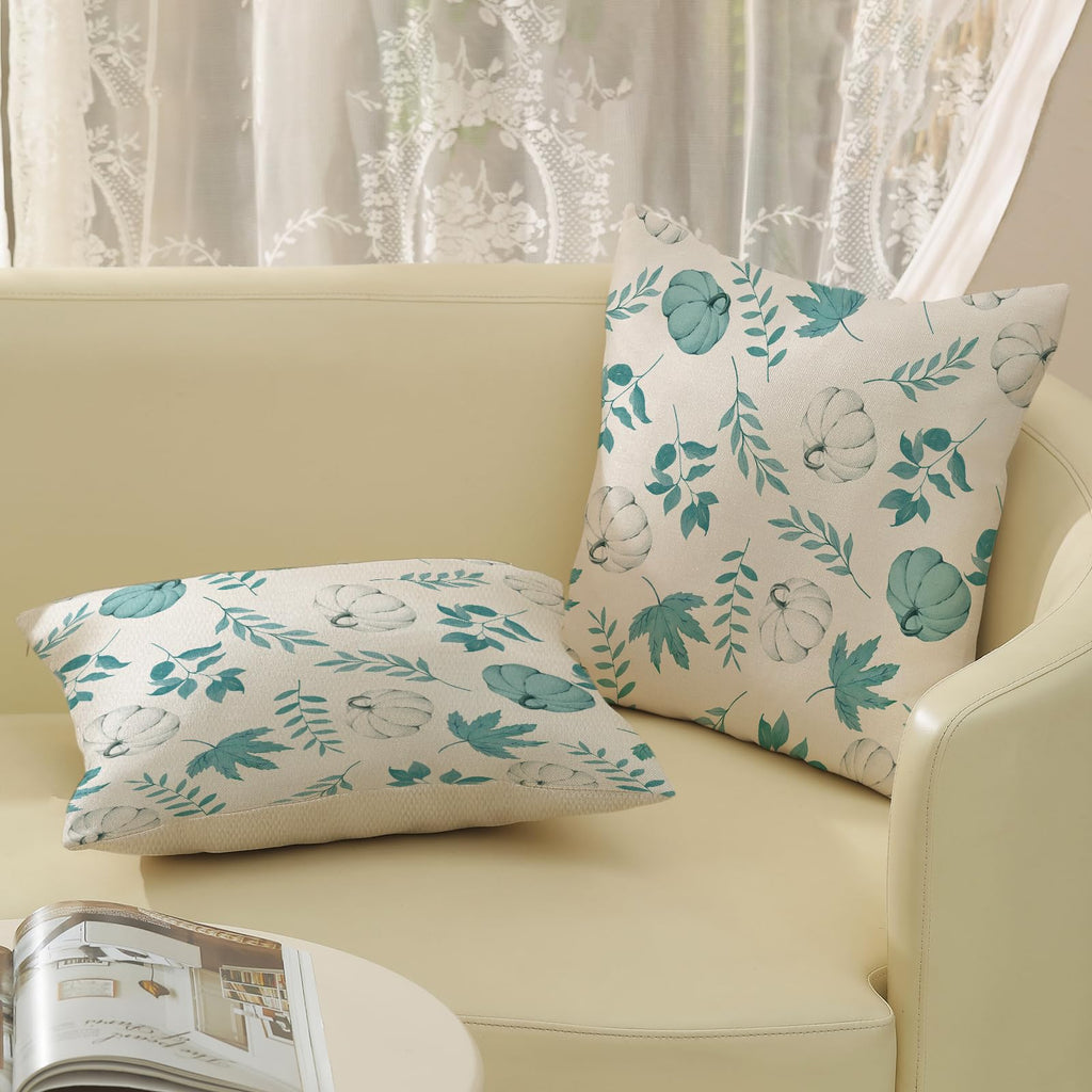 Gohdiwh Fall Pillow Covers 18X18 Set Of 2 Aqua Teal Pumpkin Maple Leaf Pillowcase Autumn Thanksgiving Decorations Outdoor Throw