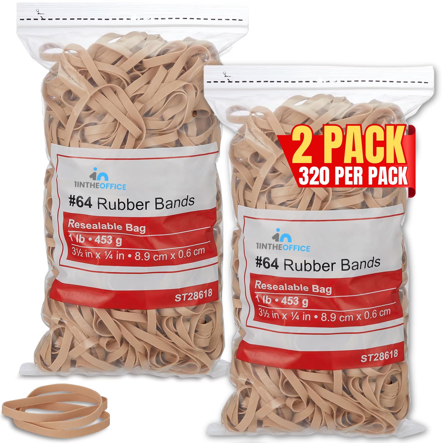 1Intheoffice Rubber Bands #64, Thick Rubber Bands, Heavy Duty Rubber Bands, Beige, Size 64, 320 Bands/Pack, 2 Pack