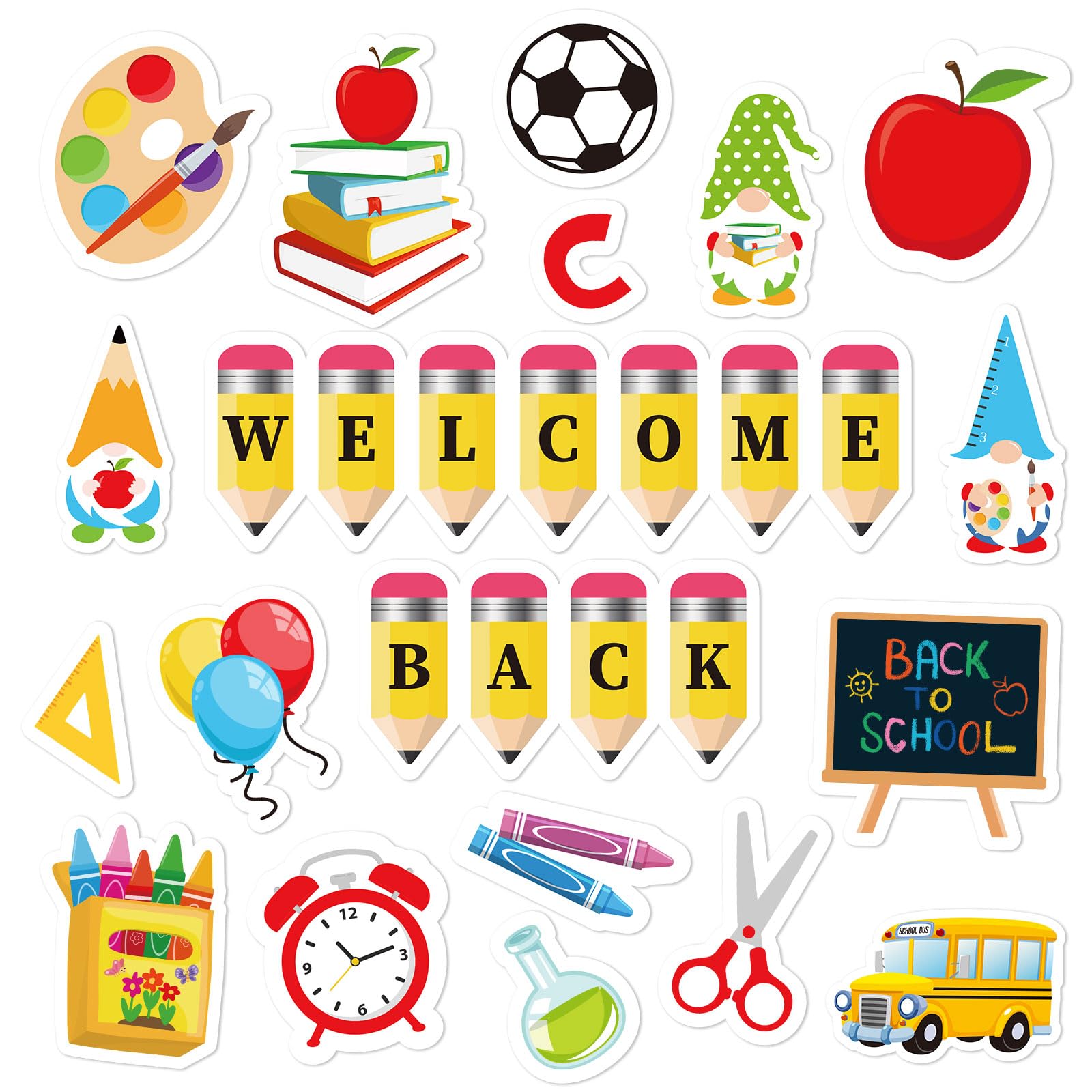 JarThenaAMCS 40Pcs Welcome Back to School Thick Gel Clings Gnome Apple Pencil Book Bus Window Stickers Assorted Cartoon Window D