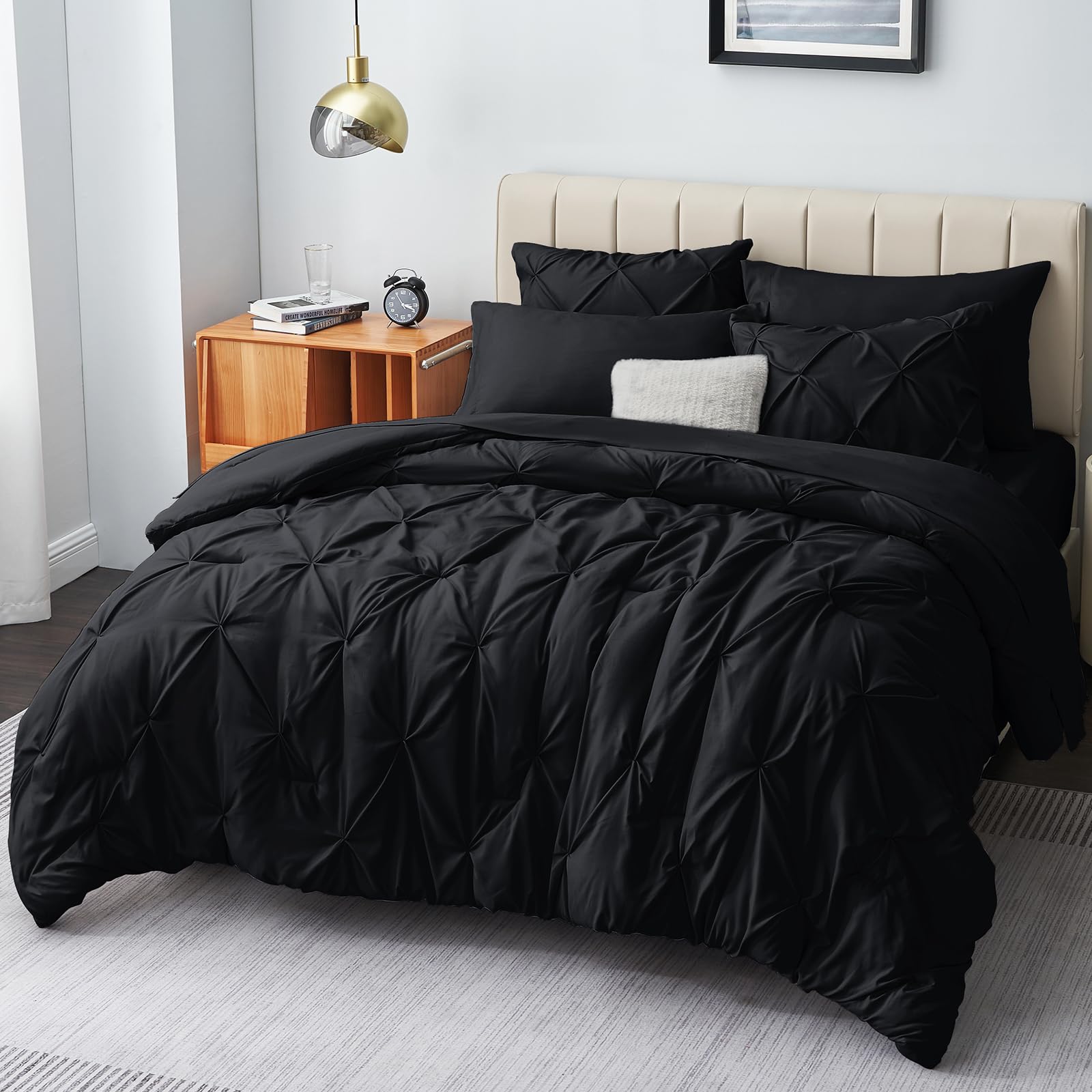 Cozylux Full Comforter Set - 7 Pieces Comforters Full Size Black, Pintuck Bed In A Bag Pinch Pleat Bedding Sets With All Season