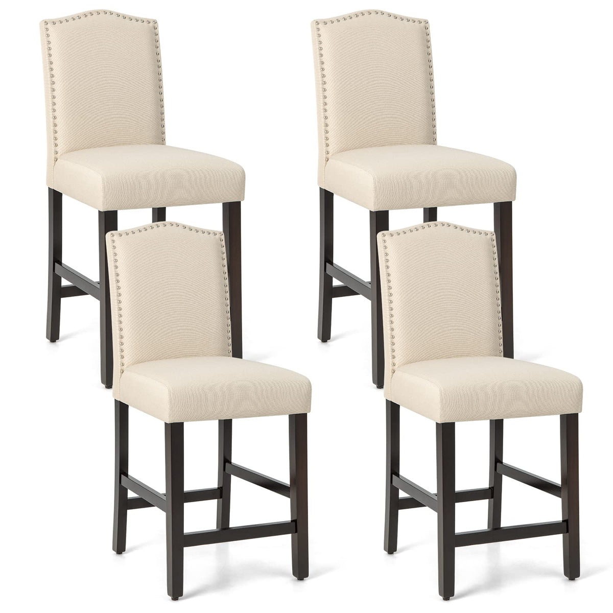 Giantex Bar Stools Set Of 4, 25' Counter Height Bar Dining Chairs With Rubber Wood Legs, Footrest, Max Load 330 Lbs, Nailed Upholstered Barstools With Back For Kitchen Island, Beige