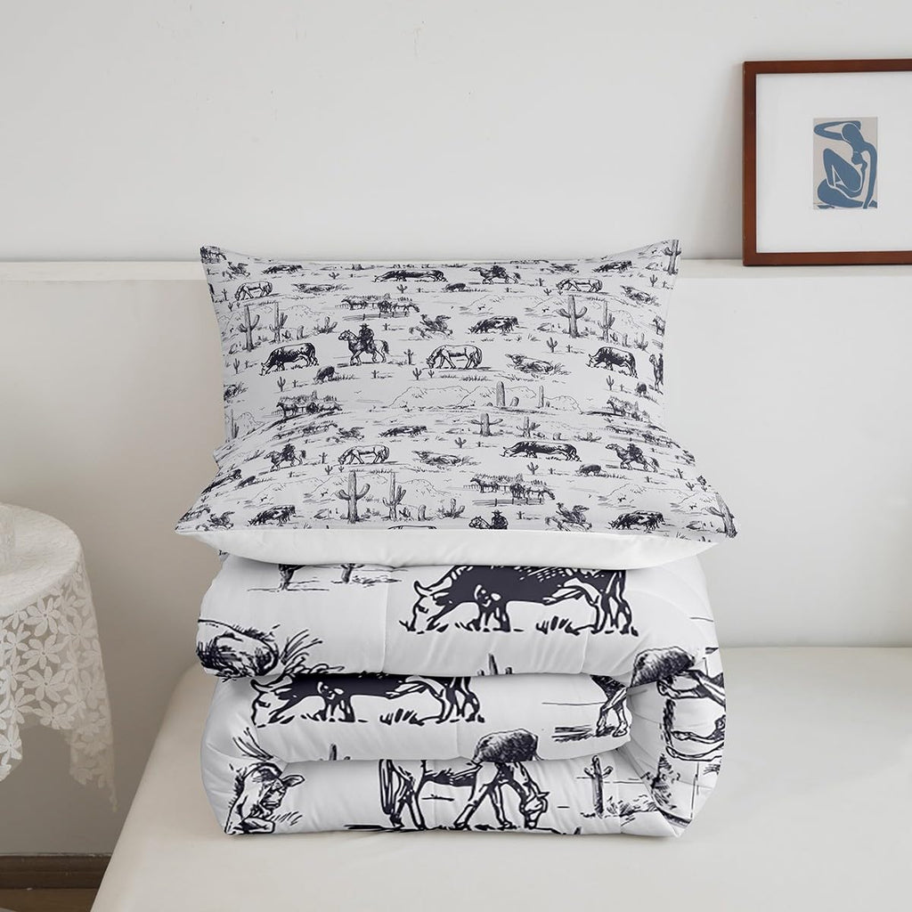 Feelyou Western Comforter Set Twin Size, White And Black Cowboy Cow Bedding Set Cowboy Comforter Desert Cactus Duvet Set Soft Be