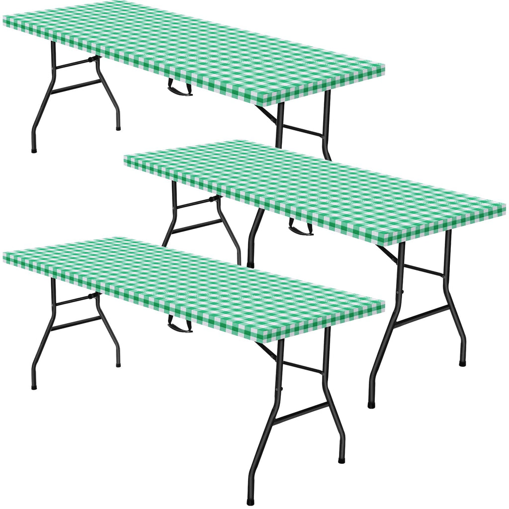 3 Pcs Plastic Picnic Table Cover Checkered Tablecloth Fitted Rectangular Table Cloth 30 X 72 Inch Vinyl Waterproof Flannel Backed With Elastic Rim For Indoor Outdoor Picnic Party(Green And White)