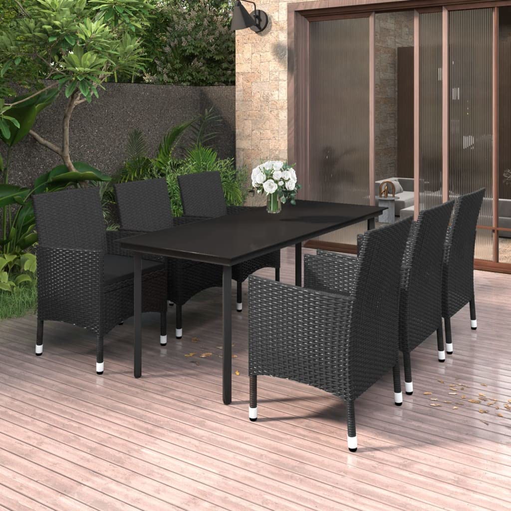 vidaXL Patio Dining Set 7 Piece with Cushions Garden Outdoor Terrace Balcony Backyard Dining Dinner Dinette Table and Chair Poly Rattan and Glass