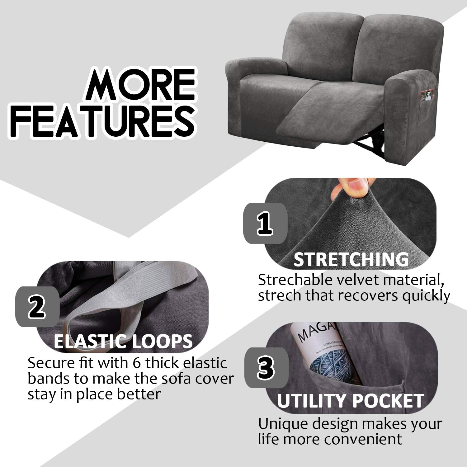 Ulticor Reclining Love Seat Slipcover, 48' - 65' L, 6-Piece Velvet Stretch Loveseat Reclining Sofa Covers, 2 Seat Love Seat Recliner Cover, Thick, Soft, Washable (Dark Grey)