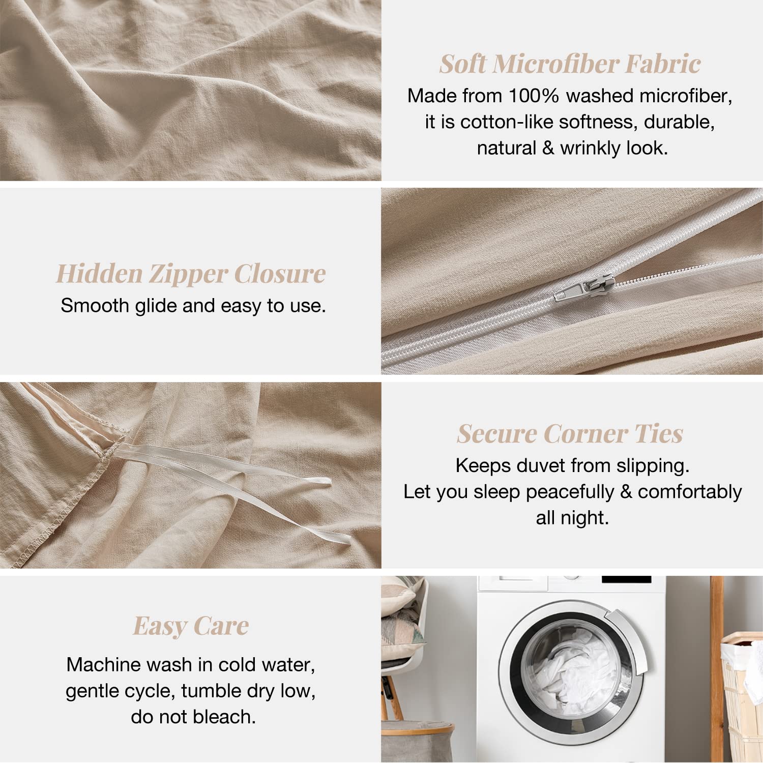 Mildly Super Soft Duvet Cover - 100% Washed Microfiber Light Khaki Comforter Cover Set 3 Pieces With Zipper Closure & Corner Tie