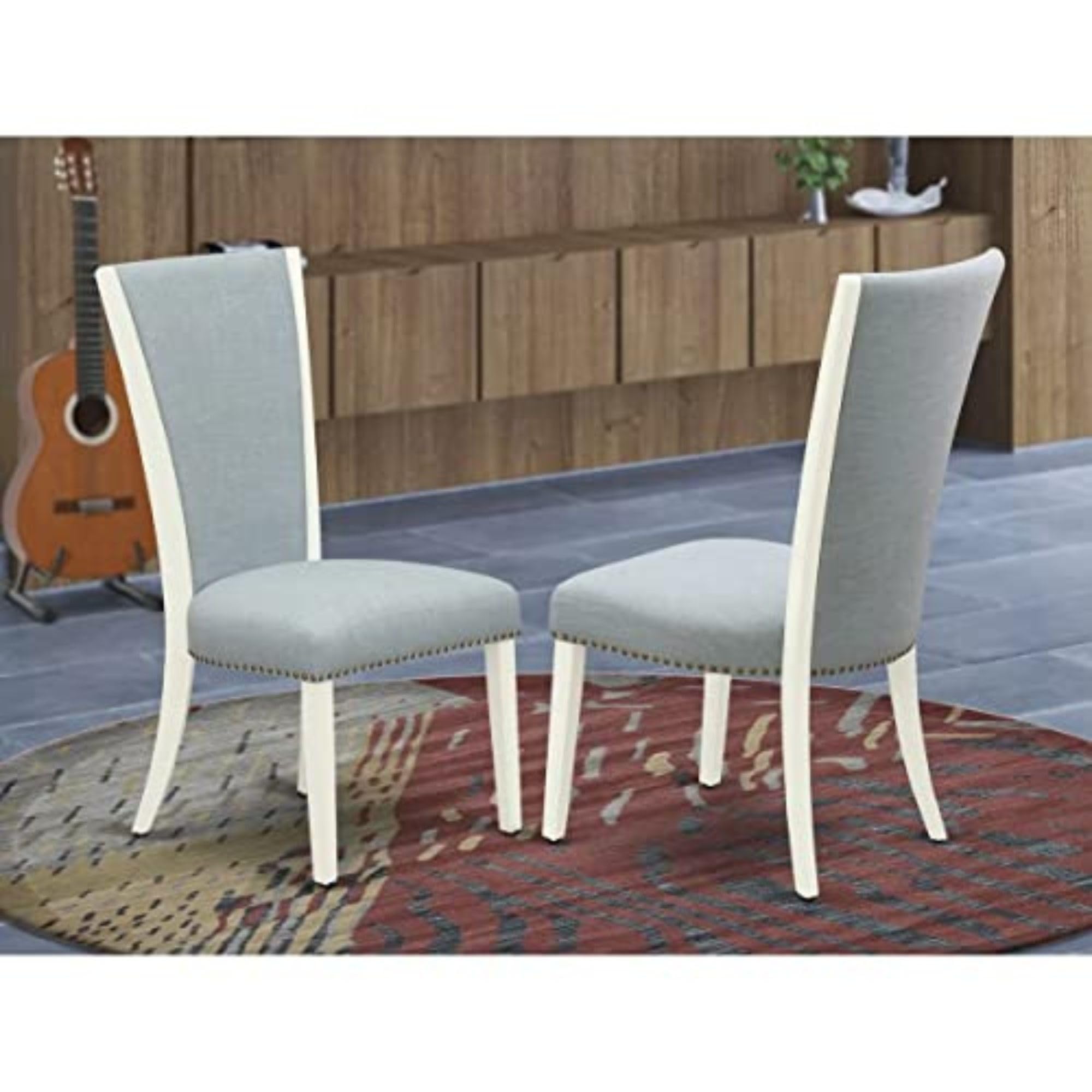 East West Furniture Vep2T15 Verona Parson Dining Chairs - Nailhead Trim Baby Blue Linen Fabric Padded Chairs, Set Of 2, Linen White