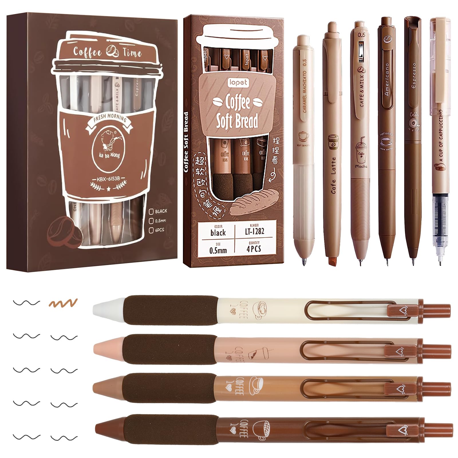 Whaline 10Pcs Cute Coffee Pens Retractable Quick Dry Gel Ink Pens 0.5Mm Fine Point 9Pcs Black Ink 1Pcs Highlighter Smooth Writin