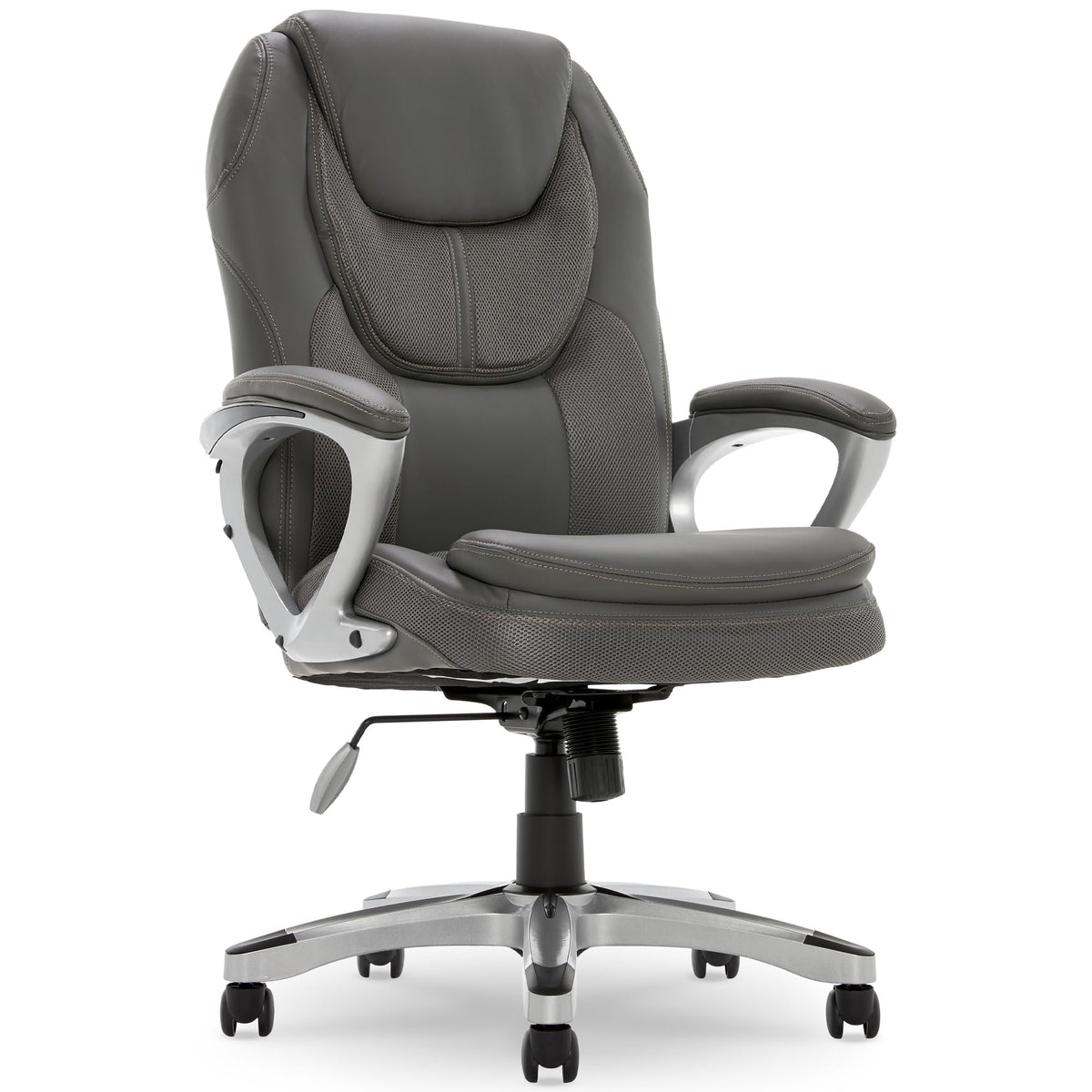 Serta Executive Office Padded Arms, Adjustable Ergonomic Gaming Desk Chair With Lumbar Support, Faux Leather And Mesh, Light Gra