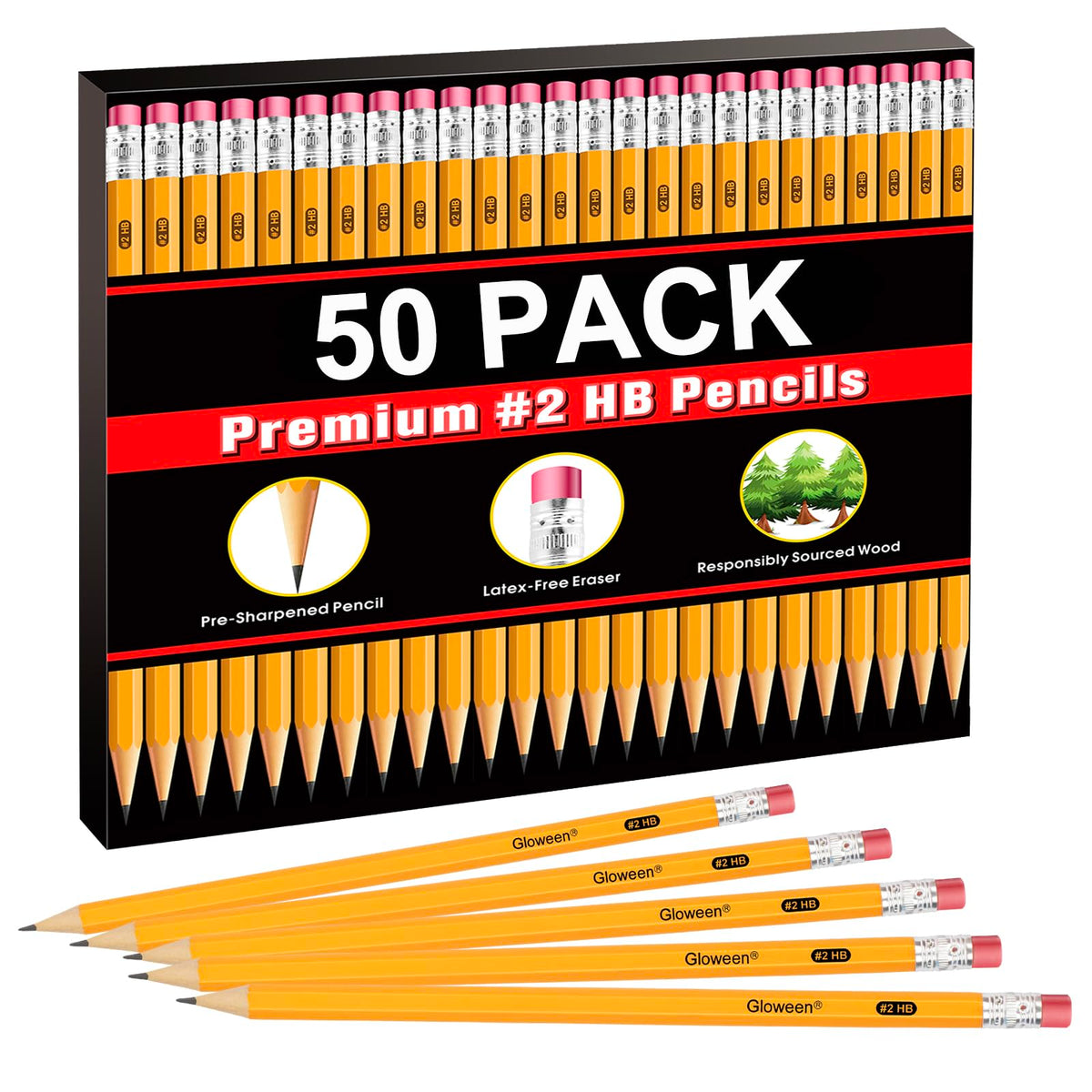 Gloween Wood-Cased #2 Hb Pencils Bulk, 50 Pack Pre-Sharpened Yellow Pencils For Office School Supplies