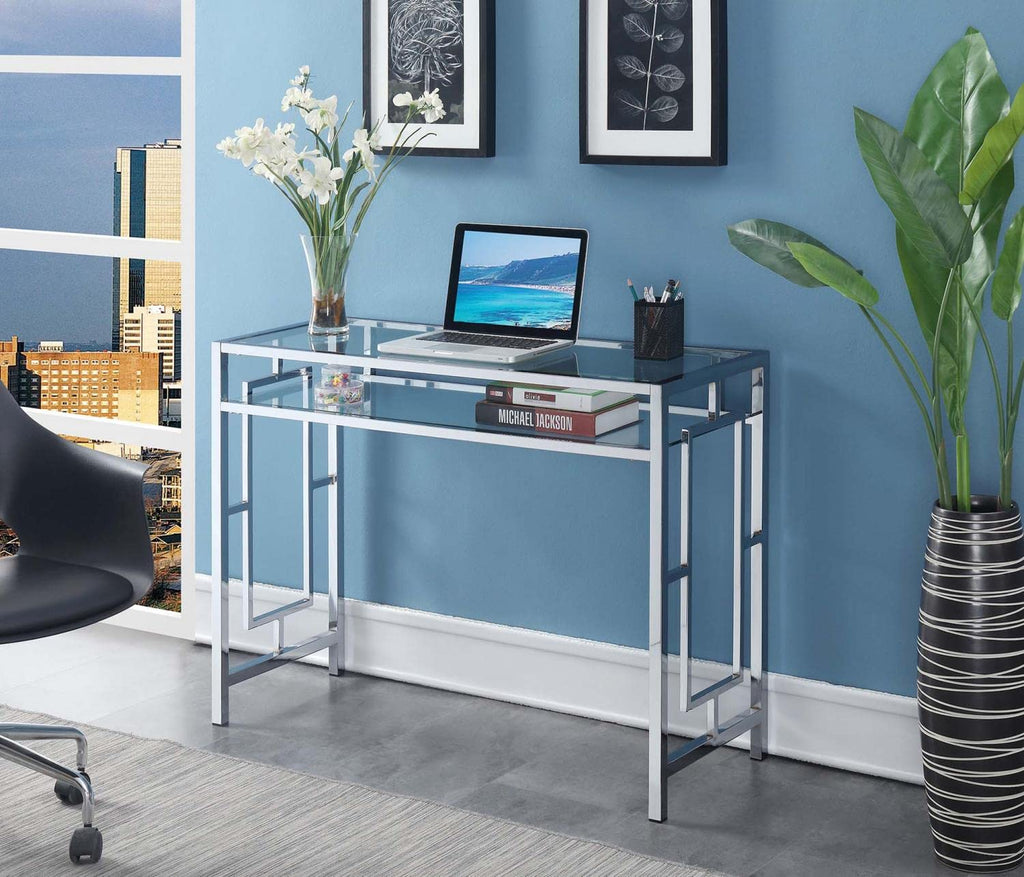 Convenience Concepts Town Square Chrome Desk With Shelf, Clear Glass / Chrome Frame