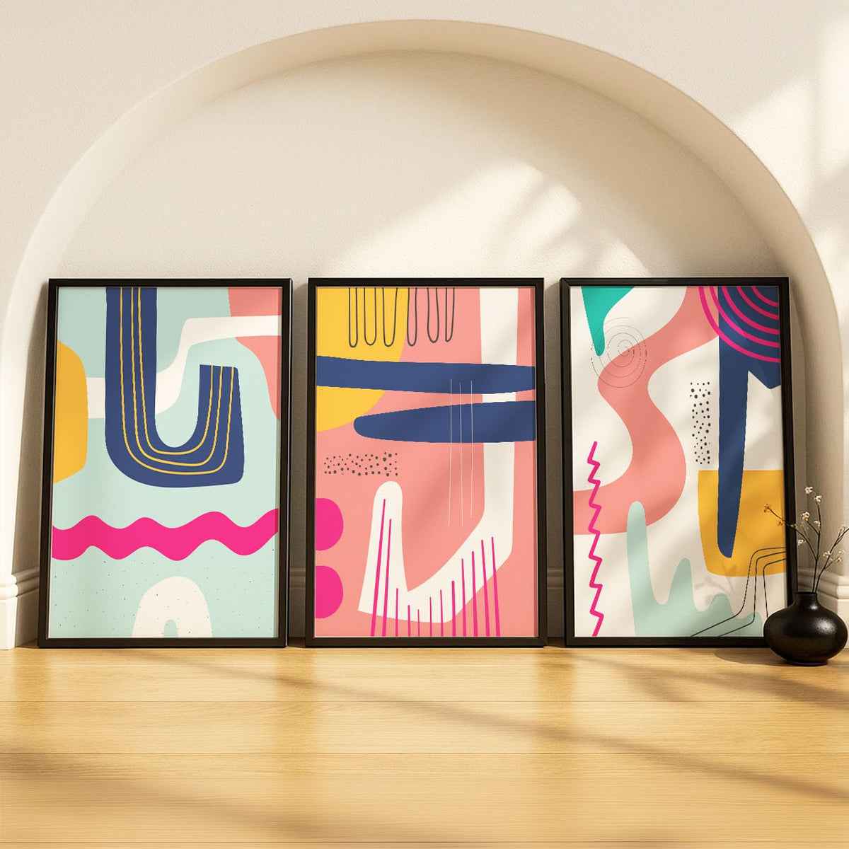 SoulAbiti Vibrant Geometric Triptych set of 3 Framed Wall Print 12x18 inch Black Frame PlexiGlass Abstract Art ready to hang fo
