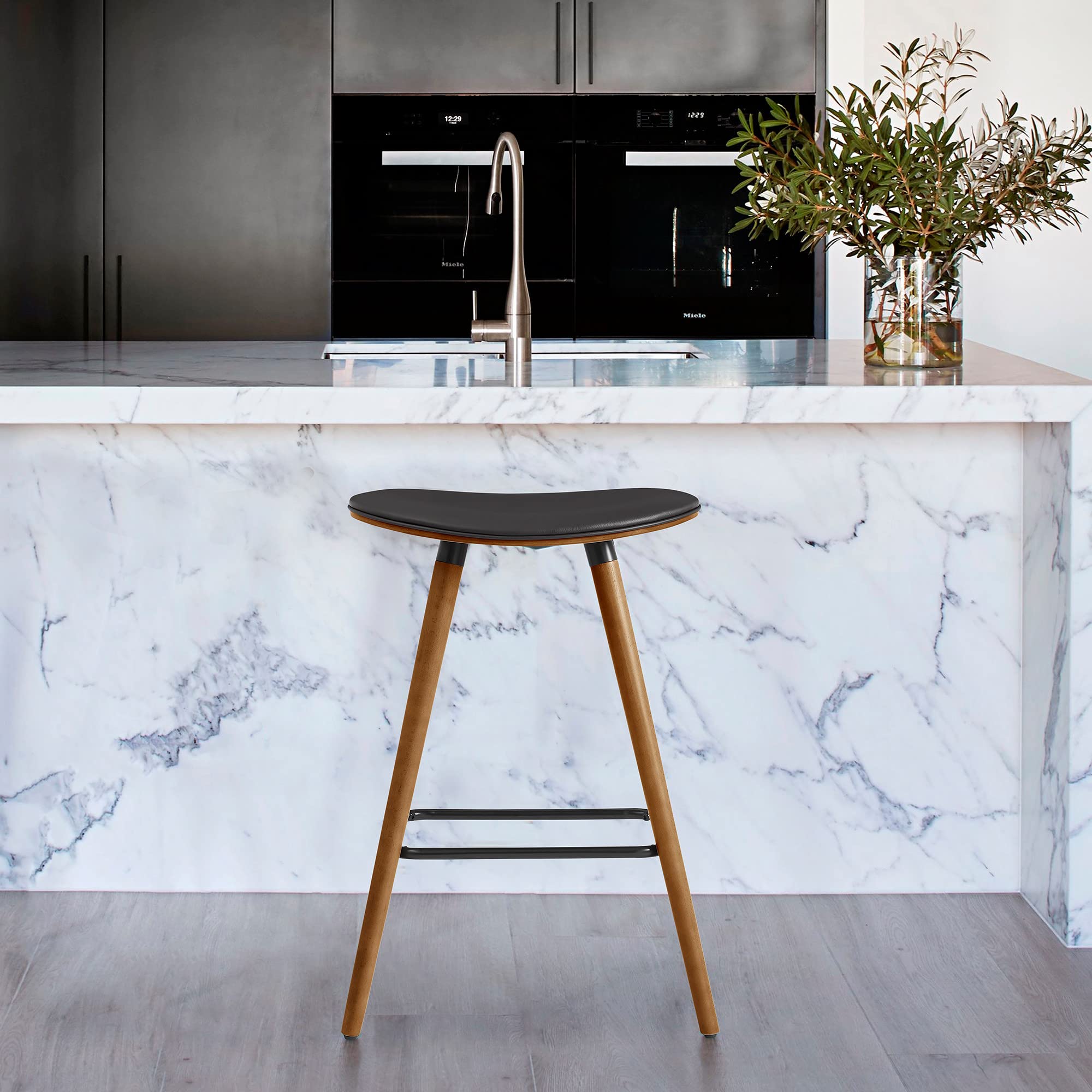 HomeRoots Bent Wood/Metal/Faux Leather 26' Brown Faux Leather Backless Wooden Bar Stool