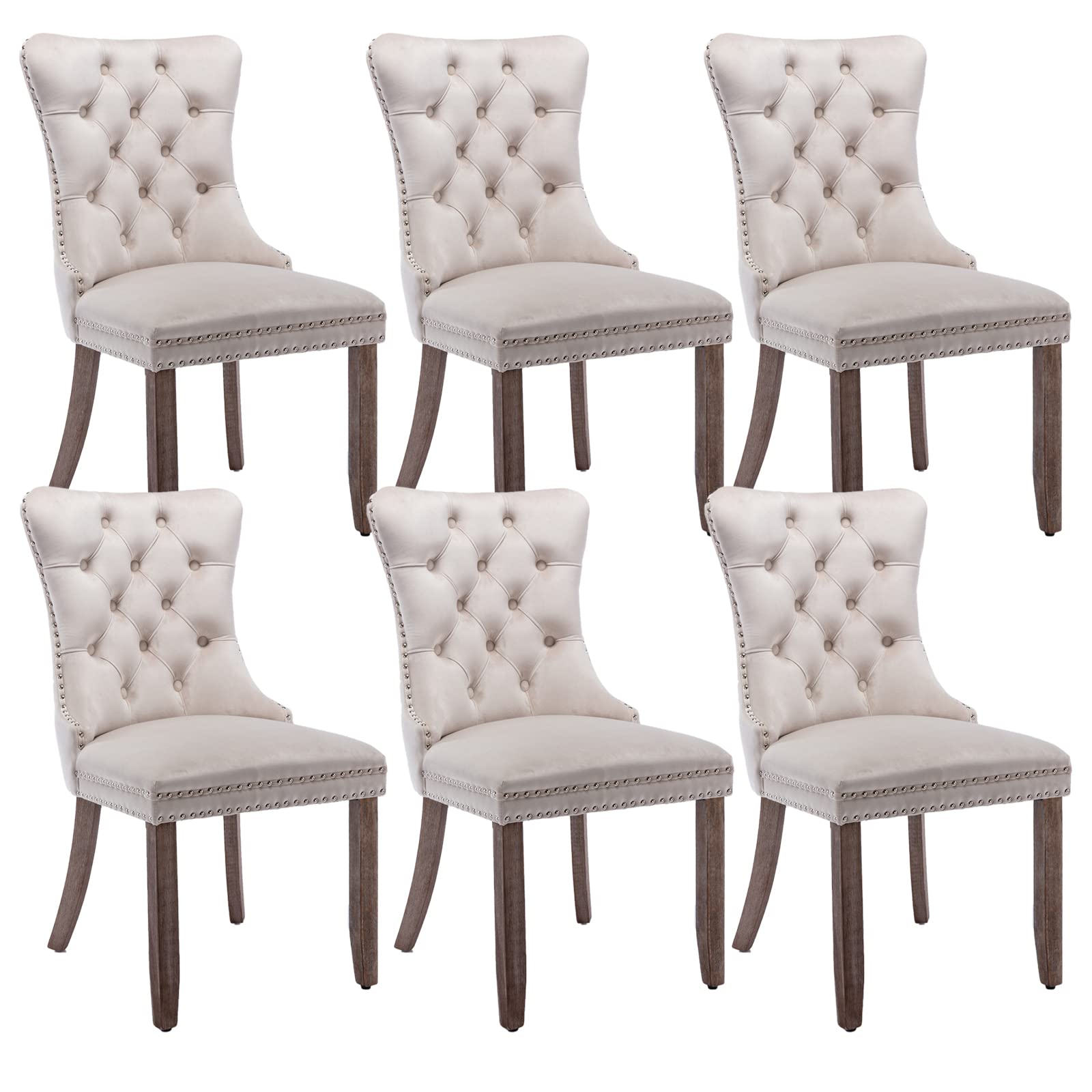 Beige Velvet Dining Chairs Set Of 6, Upholstered Dining Room Chairs With Back Ring Pull Trim And Solid Wood Legs, Tufted Wingbac