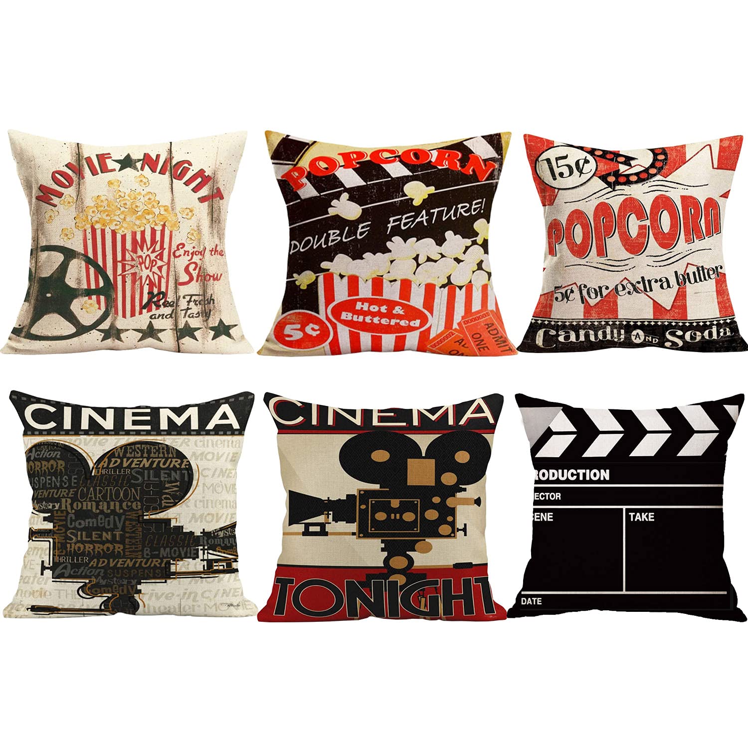 Beahity 6 Pack Movie Theater Cinema Pillow Cases,Vintage Film Clapper Theme Decorative Pillow Covers Personalized Movie Theater