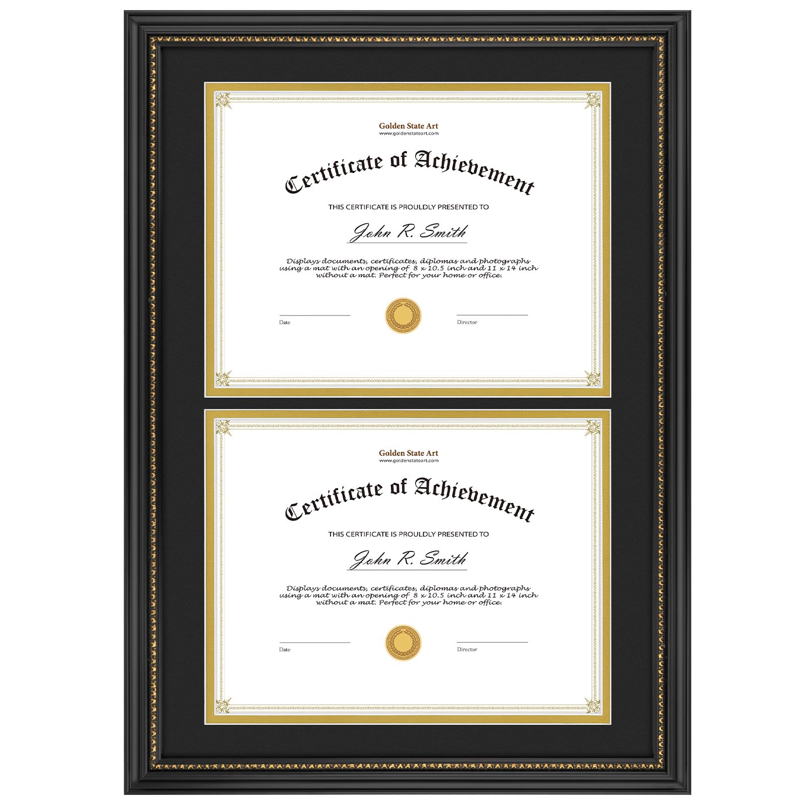 Golden State Art, Double 8.5x11 Diploma Frame, Solid Wood Black with Gold Trim Certificate Frame, Frames for two 8.5x11 Diploma/