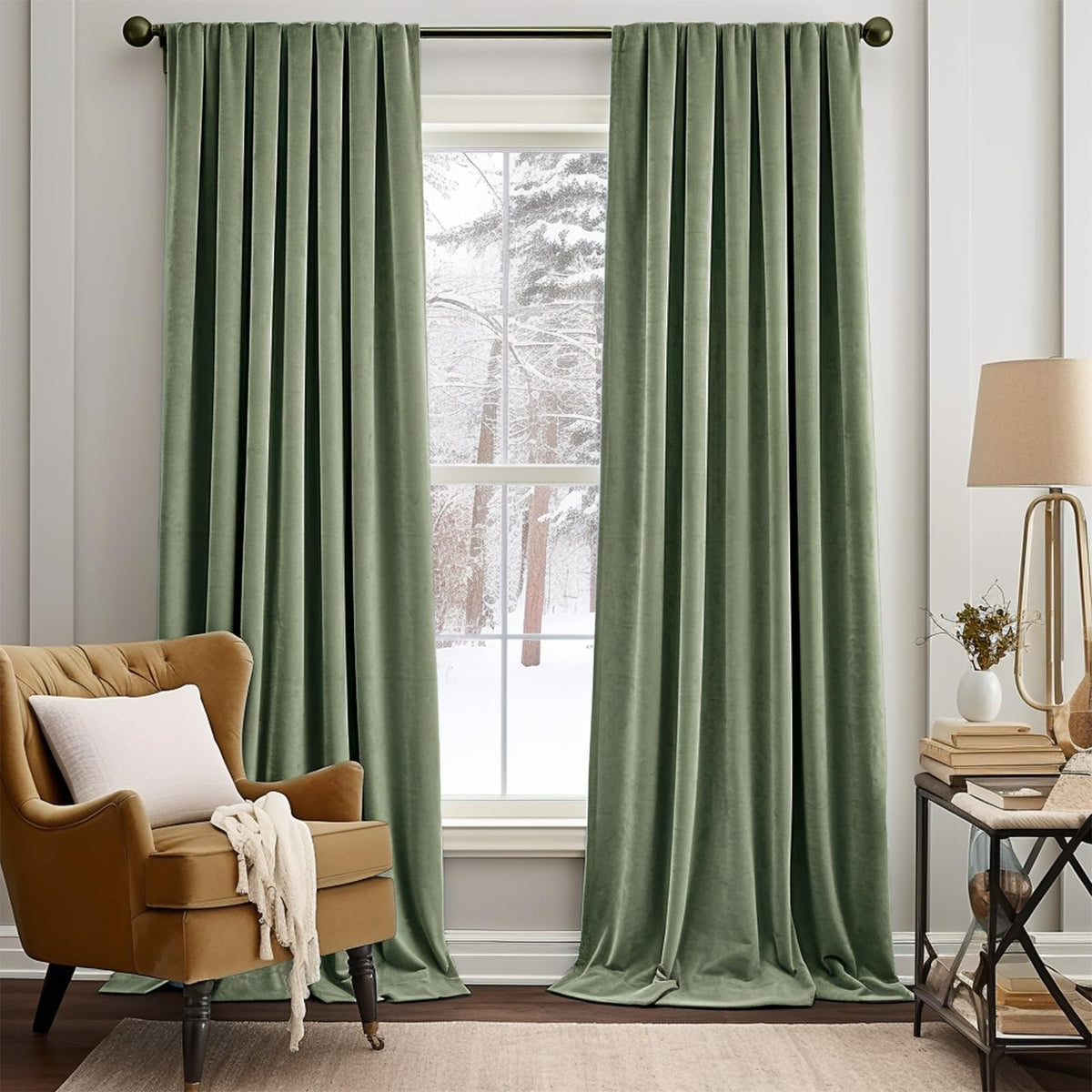 Jinchan Velvet Curtain For Living Room, Sage Thermal Insulated Luxury Drape For Bedroom 96 Inch Long, Stylish Design Super Soft