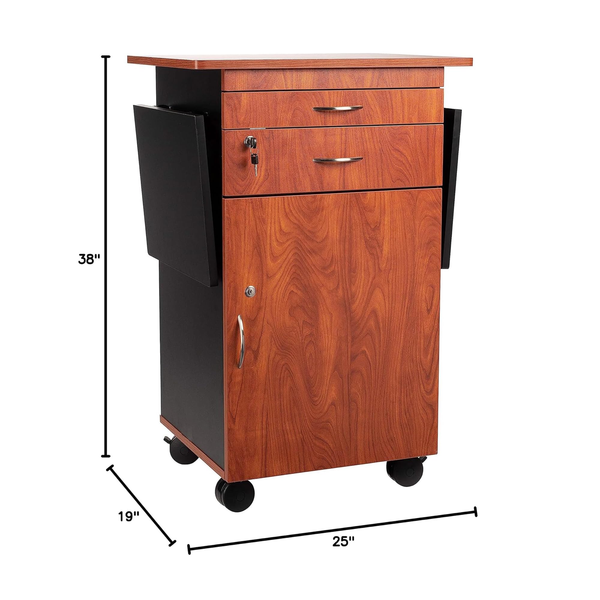 Oklahoma Sound Rolling Portable Multimedia Presentation Cart Stand with Wheels, Dual Flip-Up Side Shelves, Lockable Storage, Cherry/Black