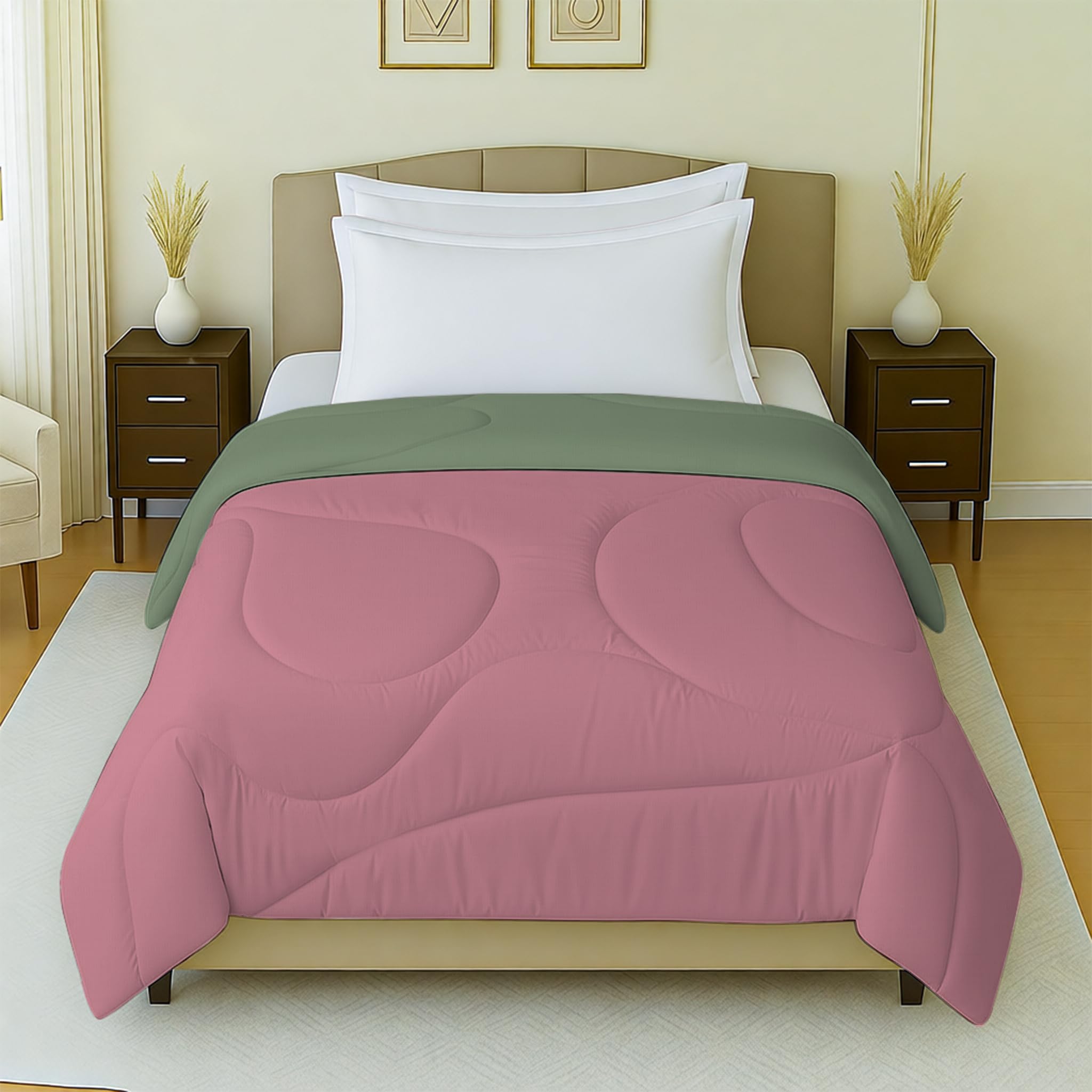 Mayfair Homes London | Single Bed Reversible Ac Comforter | 100% Cotton Green & Pink Quilt | 150 Gsm Lightweight Soft Filling | 