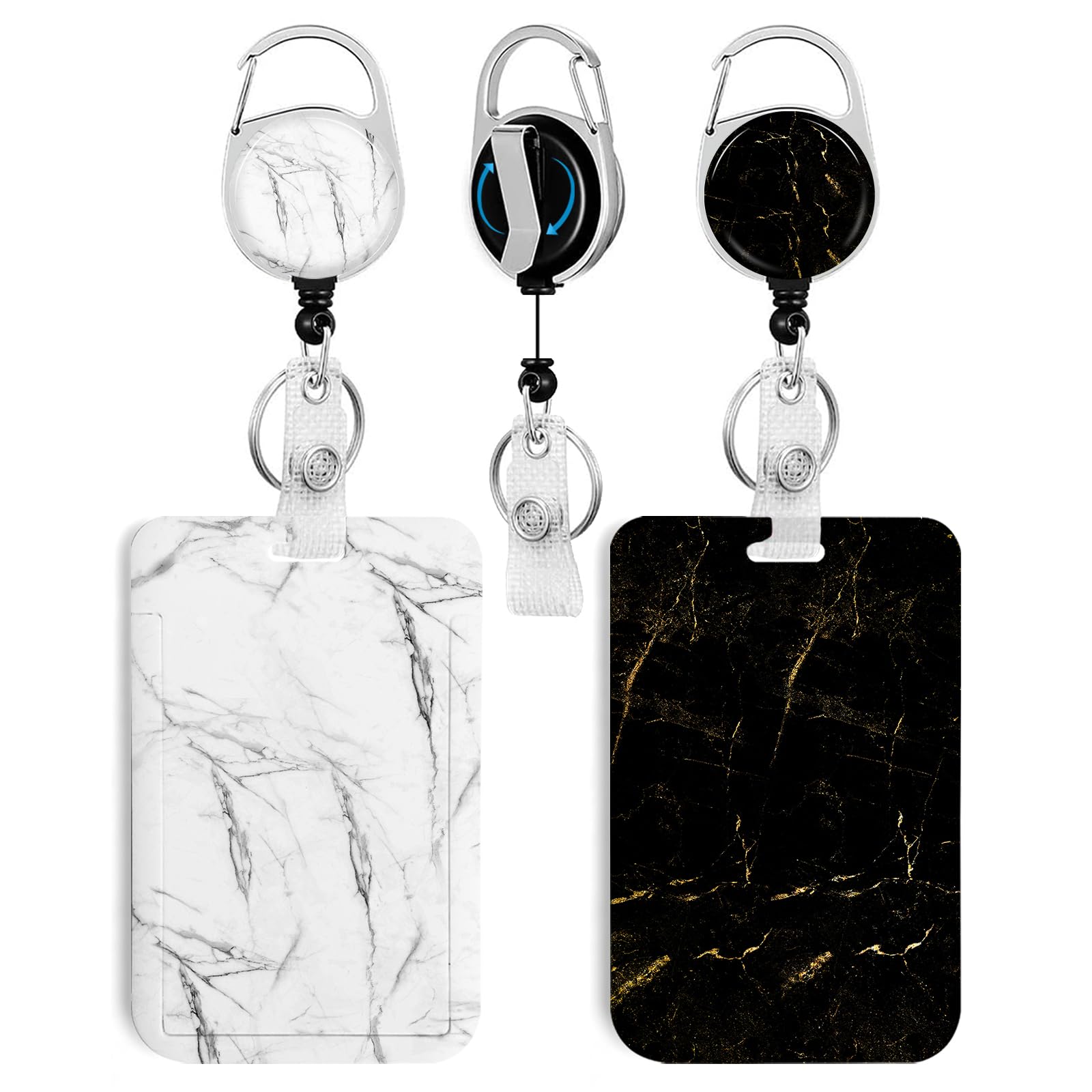 2 Pack Black&White Marble Id Badge Holder With Clip Badge Reels Retractable Heavy Duty,Keychain,Id Holder For School Nurse Offic