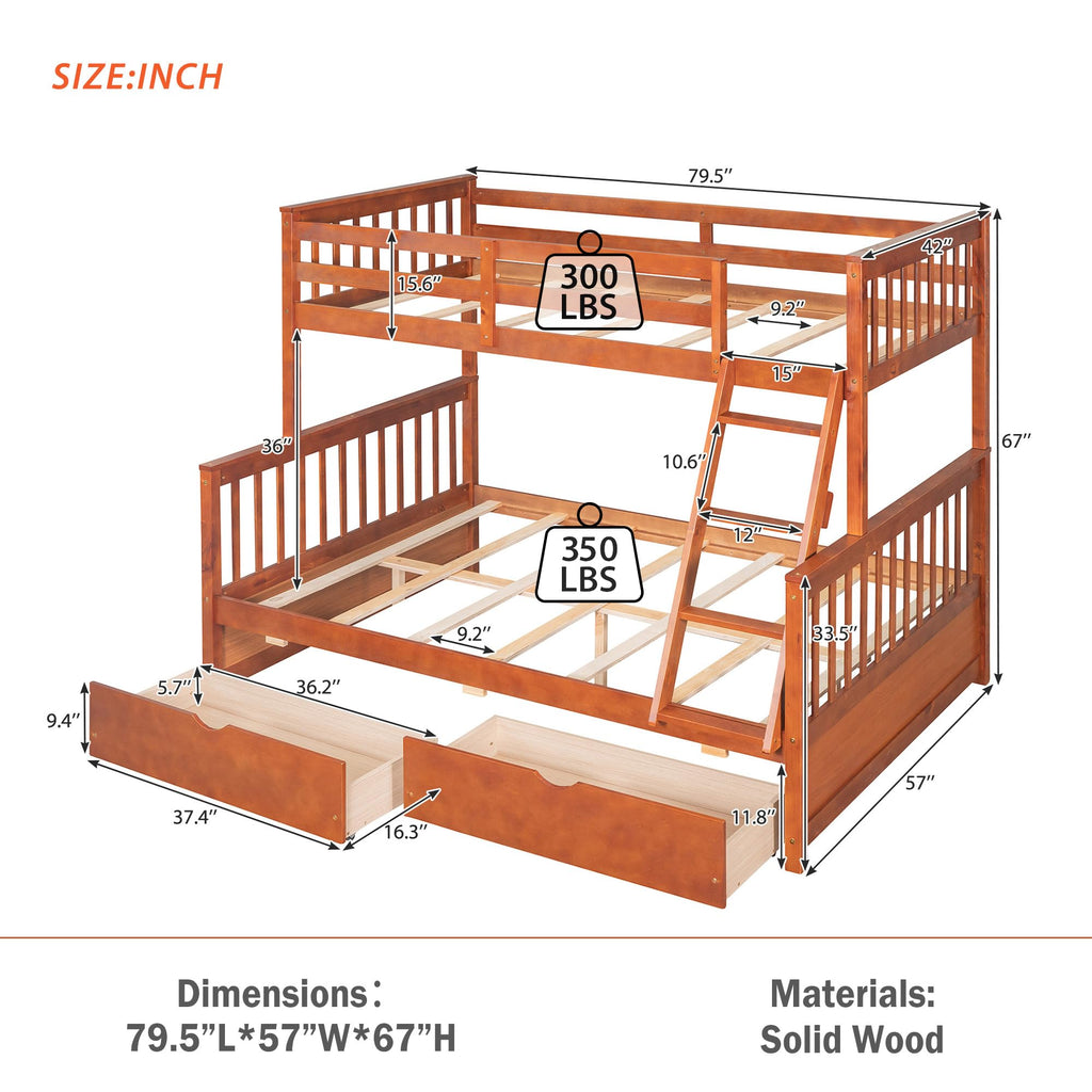 Merax Wood Bunk Bed With Drawers,Convertible Wood Bunk Bed With Ladders And Two Storage Drawers,Solid Wood Detachable Bunk Bed Frame With Ladders,Twin Over Full Size,Walnut