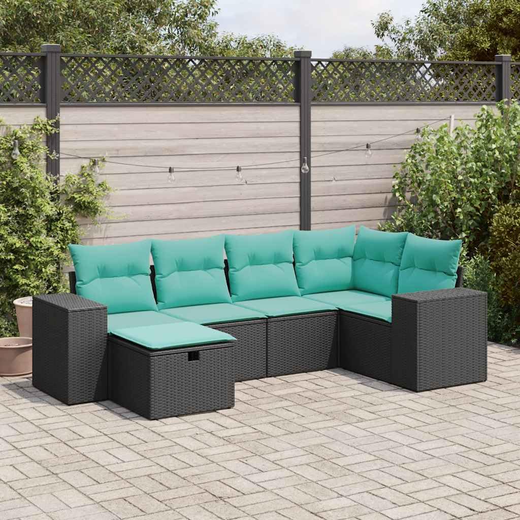 vidaXL 6-Piece Patio Sofa Set - Black Poly Rattan with Cushions, Outdoor Lounge Seating for Garden/Backyard/Terrace, Weather-Resistant, Storage Function, Versatile Footstool